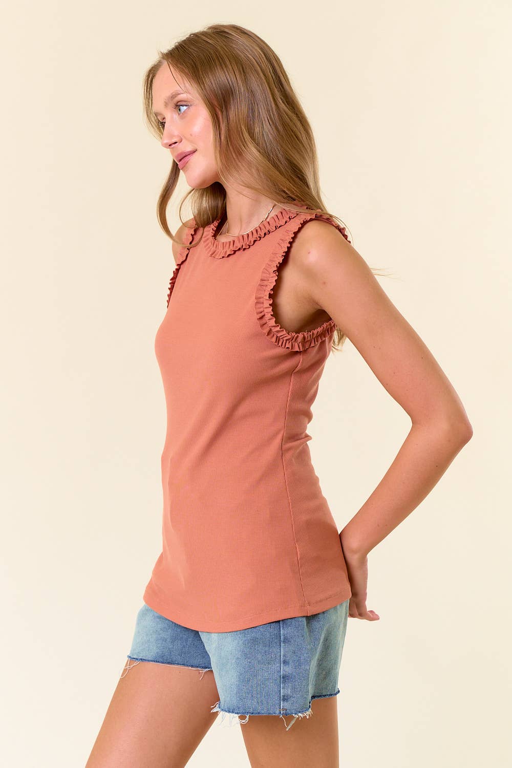SOLID KNIT TANK WITH RUFFLE TRIM