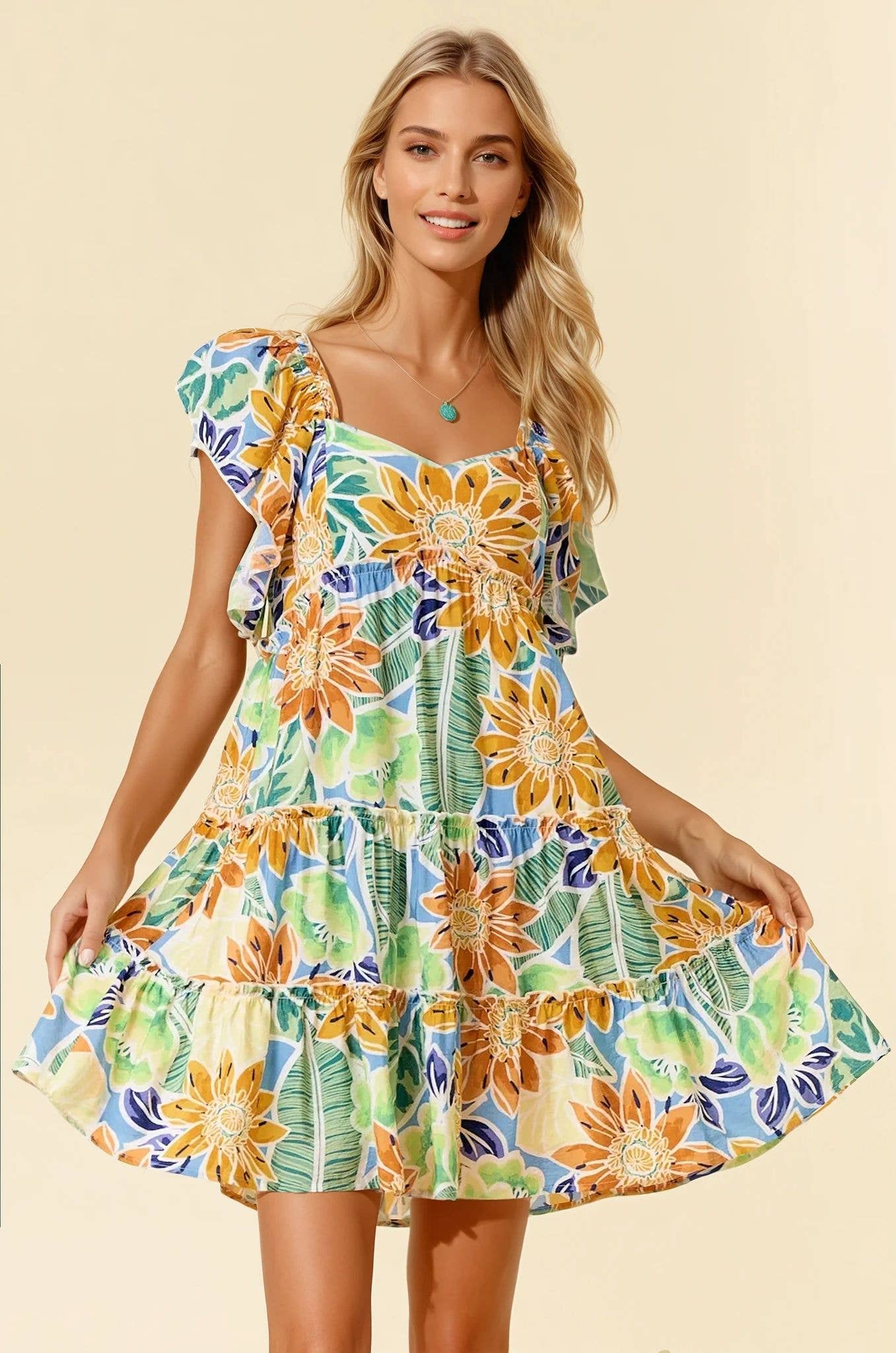 TROPICAL FLORAL PRINT DRESS WITH RUFFLE SLEEVE