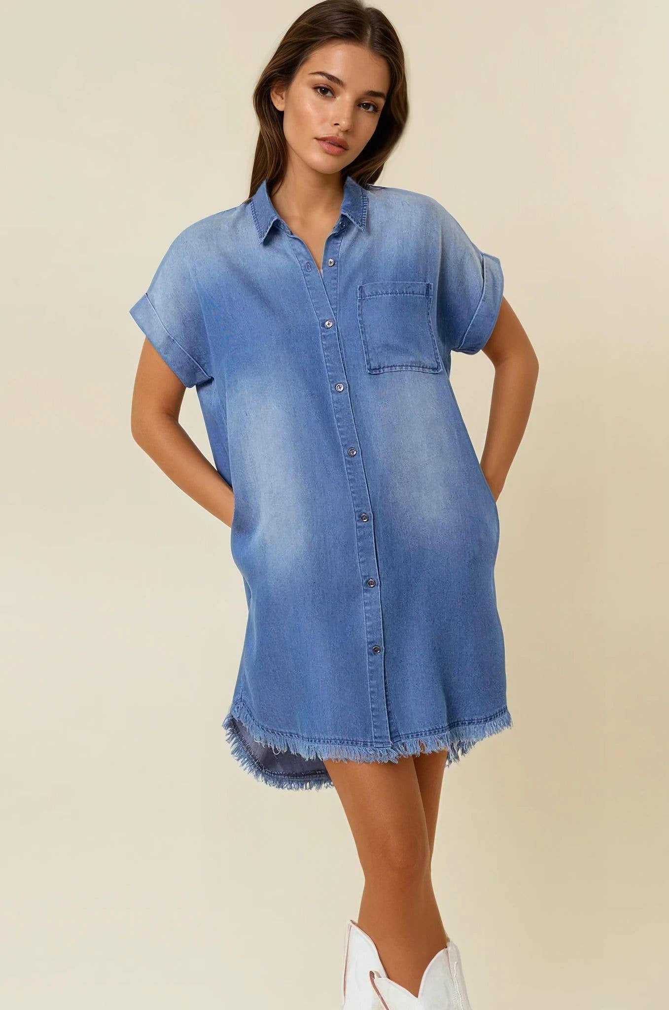 SHORT SLEEVE DENIM SHIRT MINI DRESS