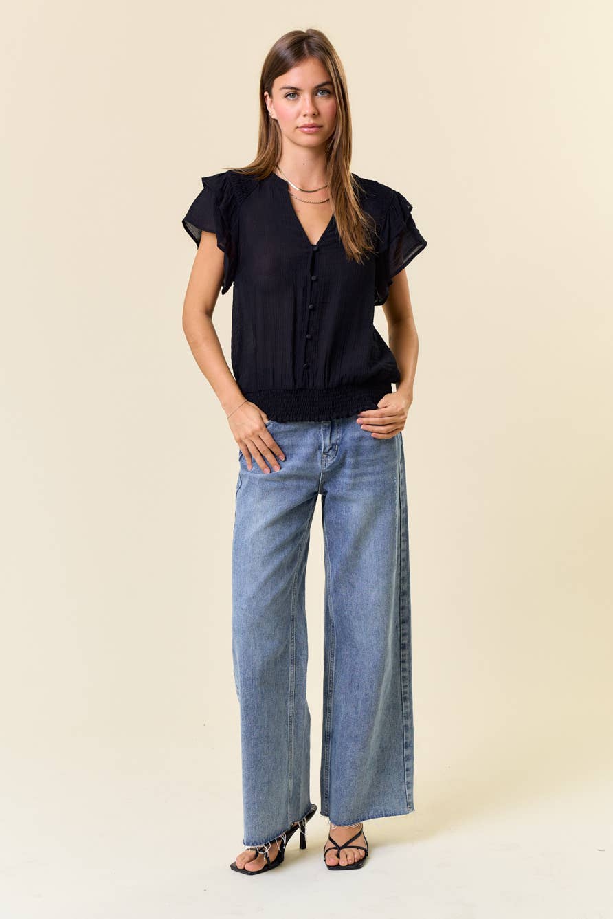 SMOCKED SHOULDER RUFFLE TOP