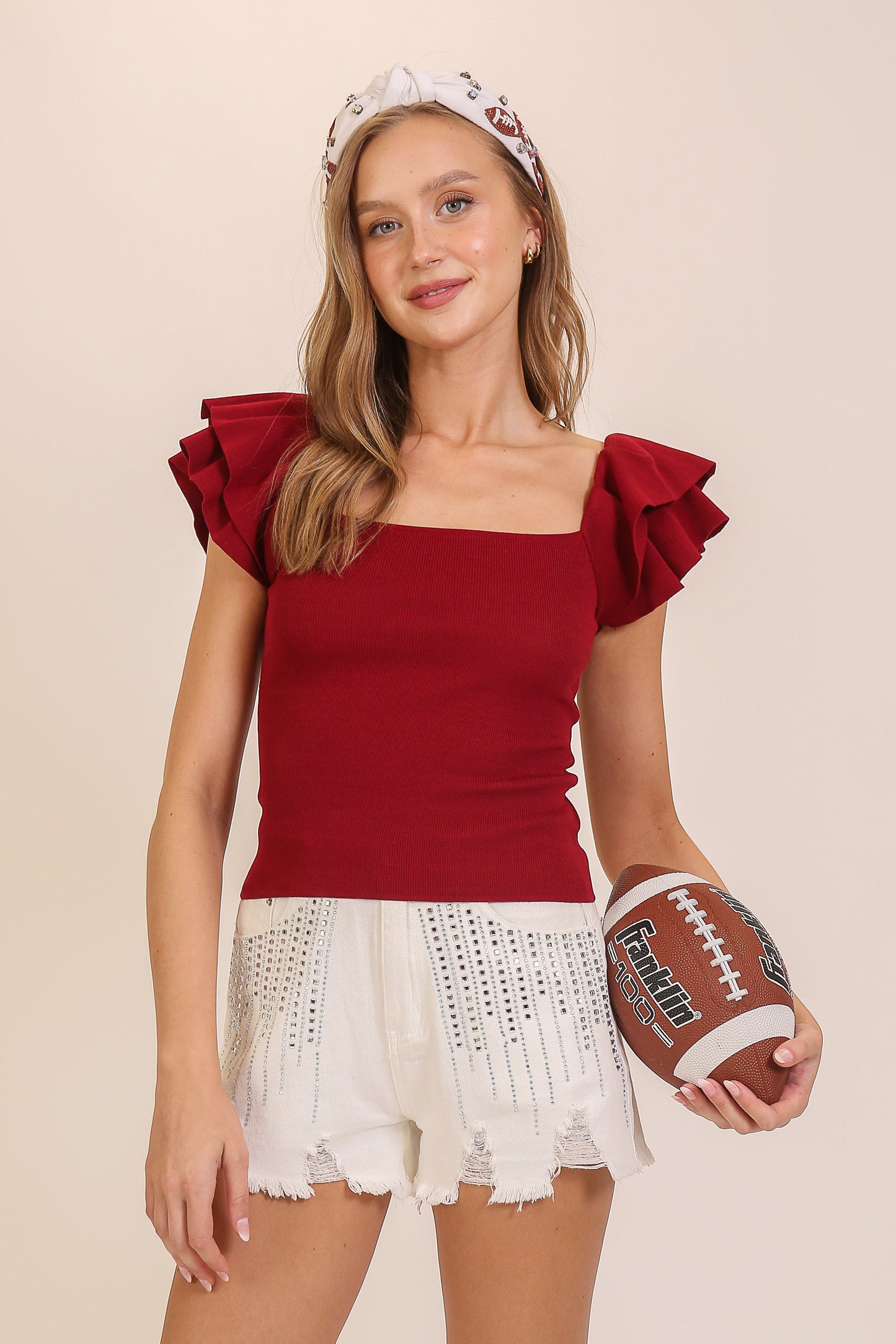 Ruffled Tiered Cap Sleeve Ribbed Knit Sweater Top