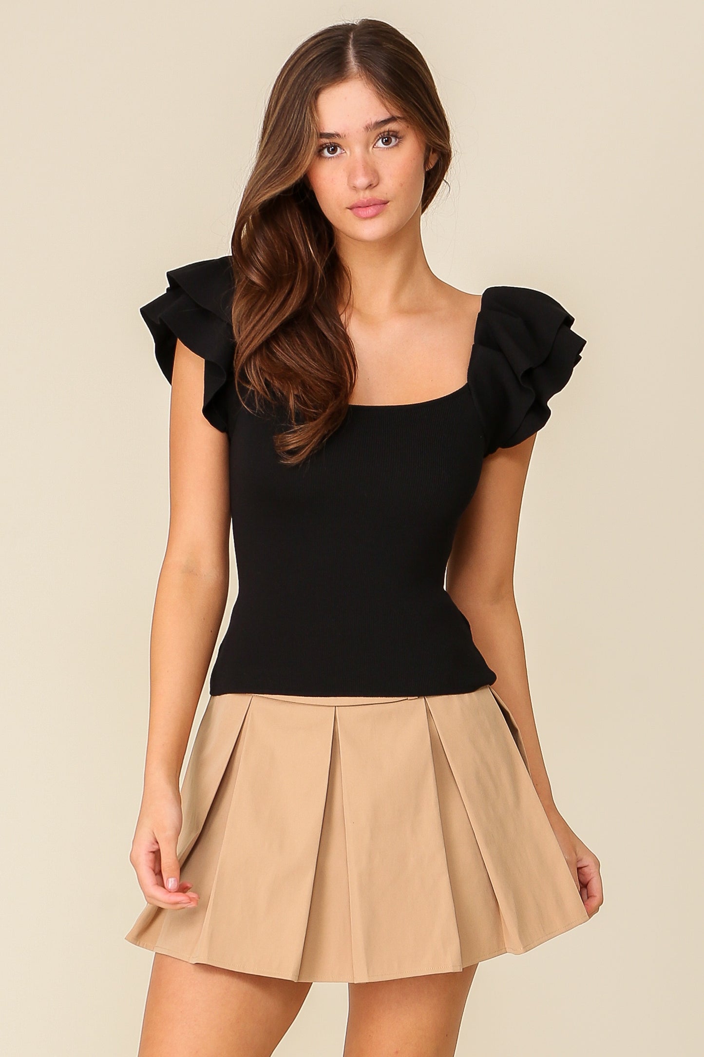 Ruffled Tiered Cap Sleeve Ribbed Knit Sweater Top