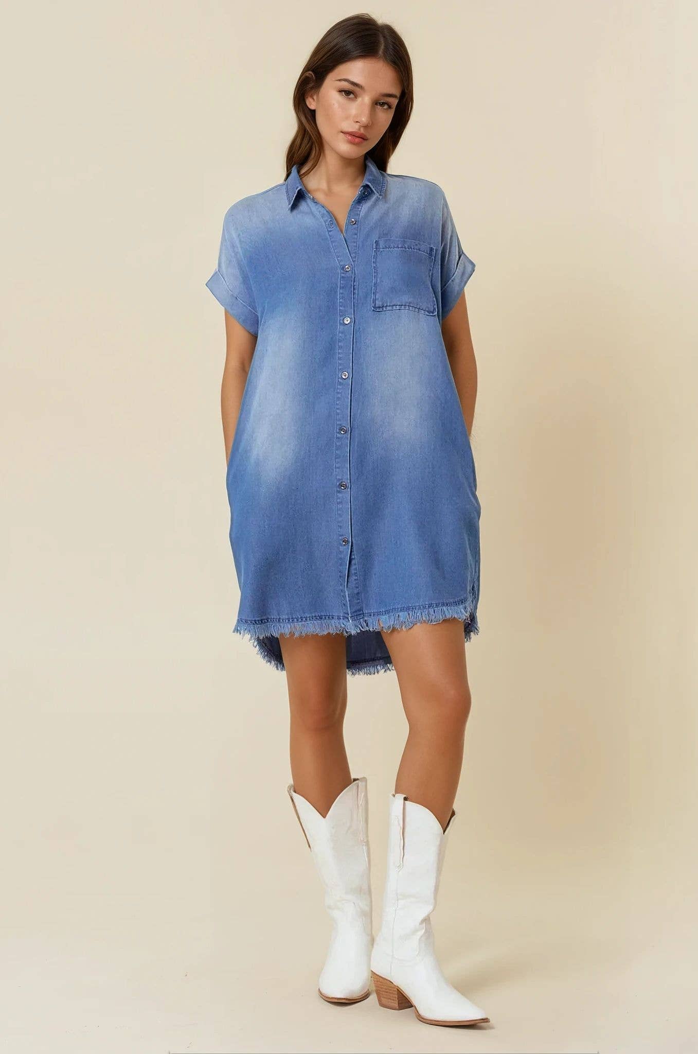 SHORT SLEEVE DENIM SHIRT MINI DRESS