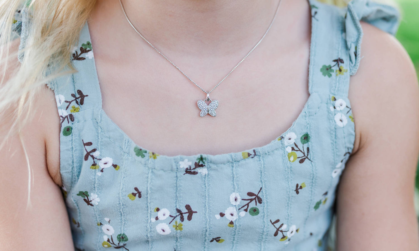 Girls Sterling Silver Butterfly Birthstone Necklace for Kids
