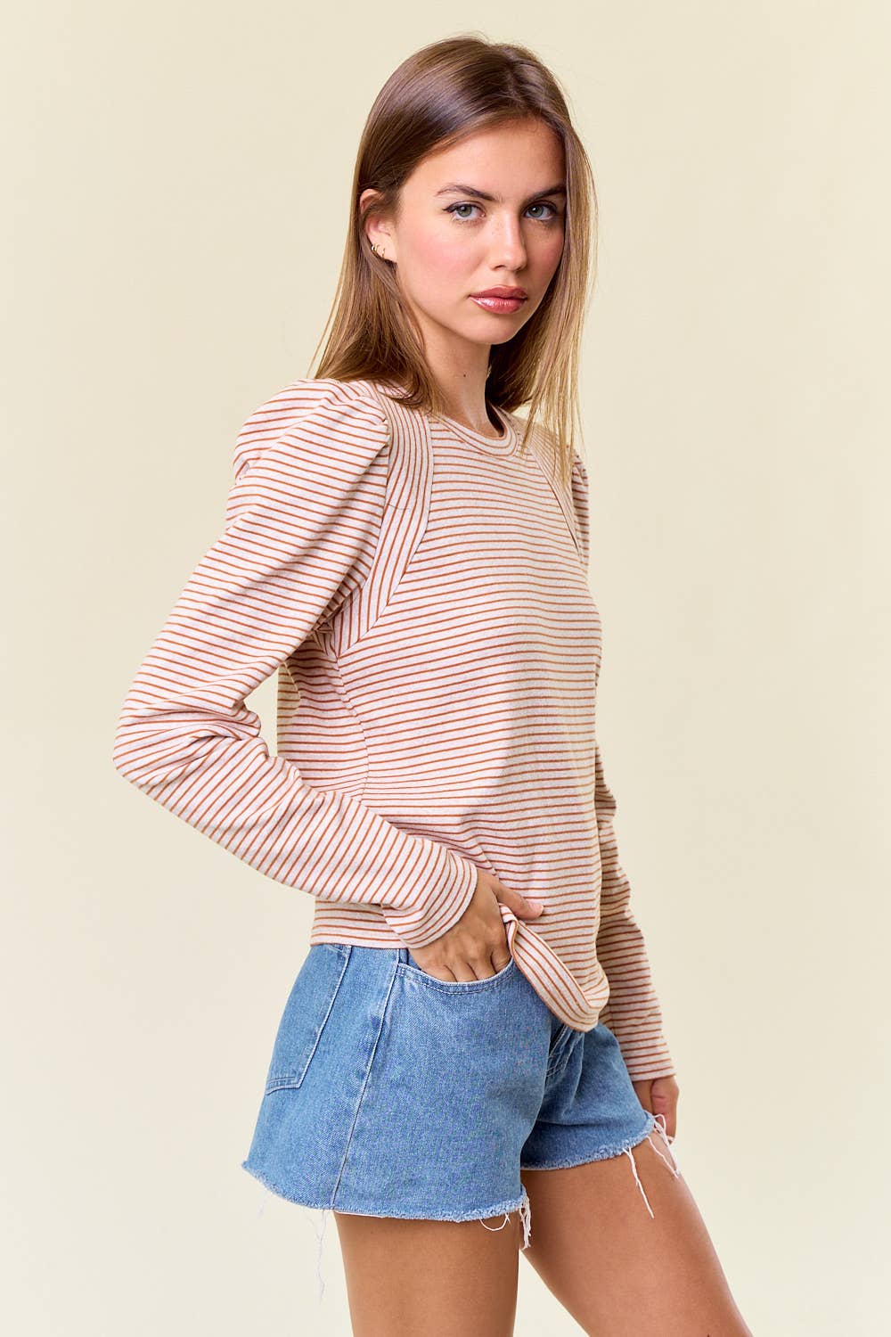 Light Weight Striped Jersey Puff Long Sleeve Top