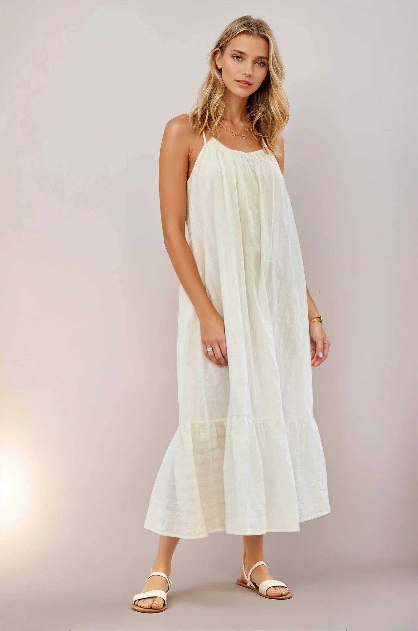 Midi Length Cotton Jaquard Stripe Cami Dress