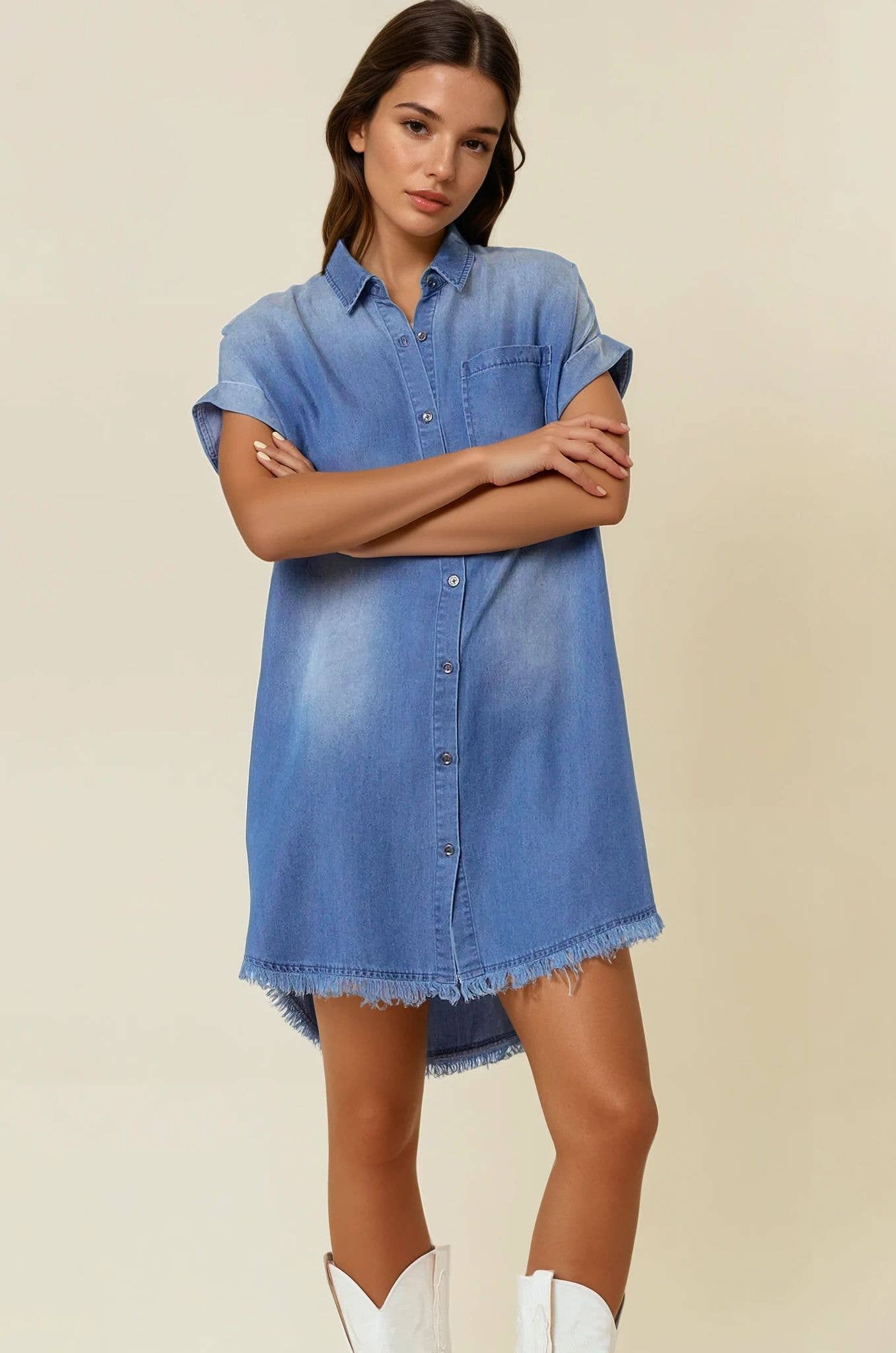 SHORT SLEEVE DENIM SHIRT MINI DRESS