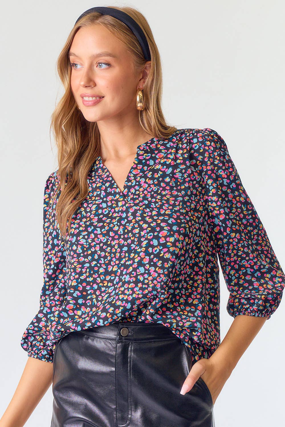 Split V-Neck Line Sleeve Abstract Printed Blouse