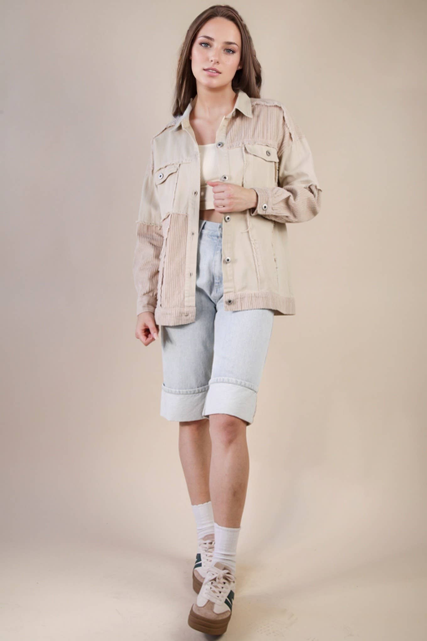 NJ90308X-PLUS SIZE Oversized Color Block Washed Shacket Jack