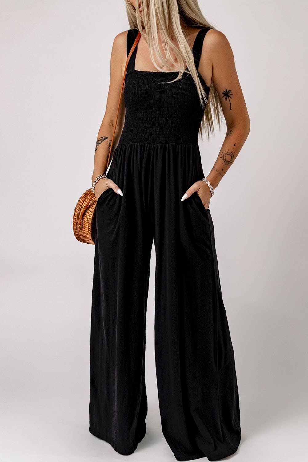 Smocked Tank Wide Leg Jumpsuit with Pockets