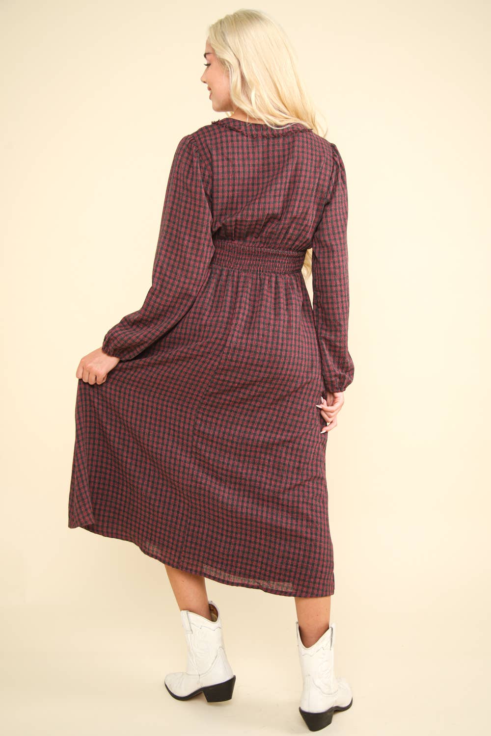 V-Neck Smocking Long Sleeve Plaid Midi Dress