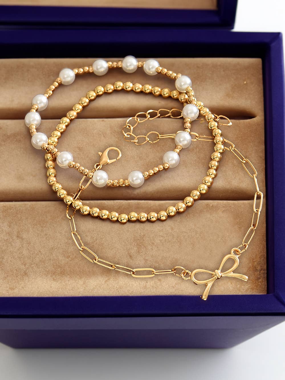 Bow Chain Link Pearl Beaded Multi Layer Bracelet
