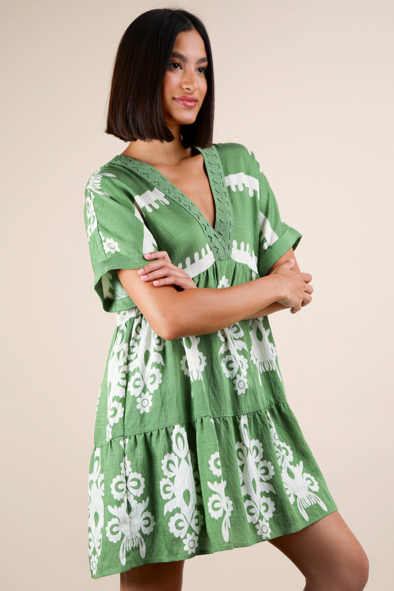 PLUS SIZE Printed V-Neck Woven Mini Dress
