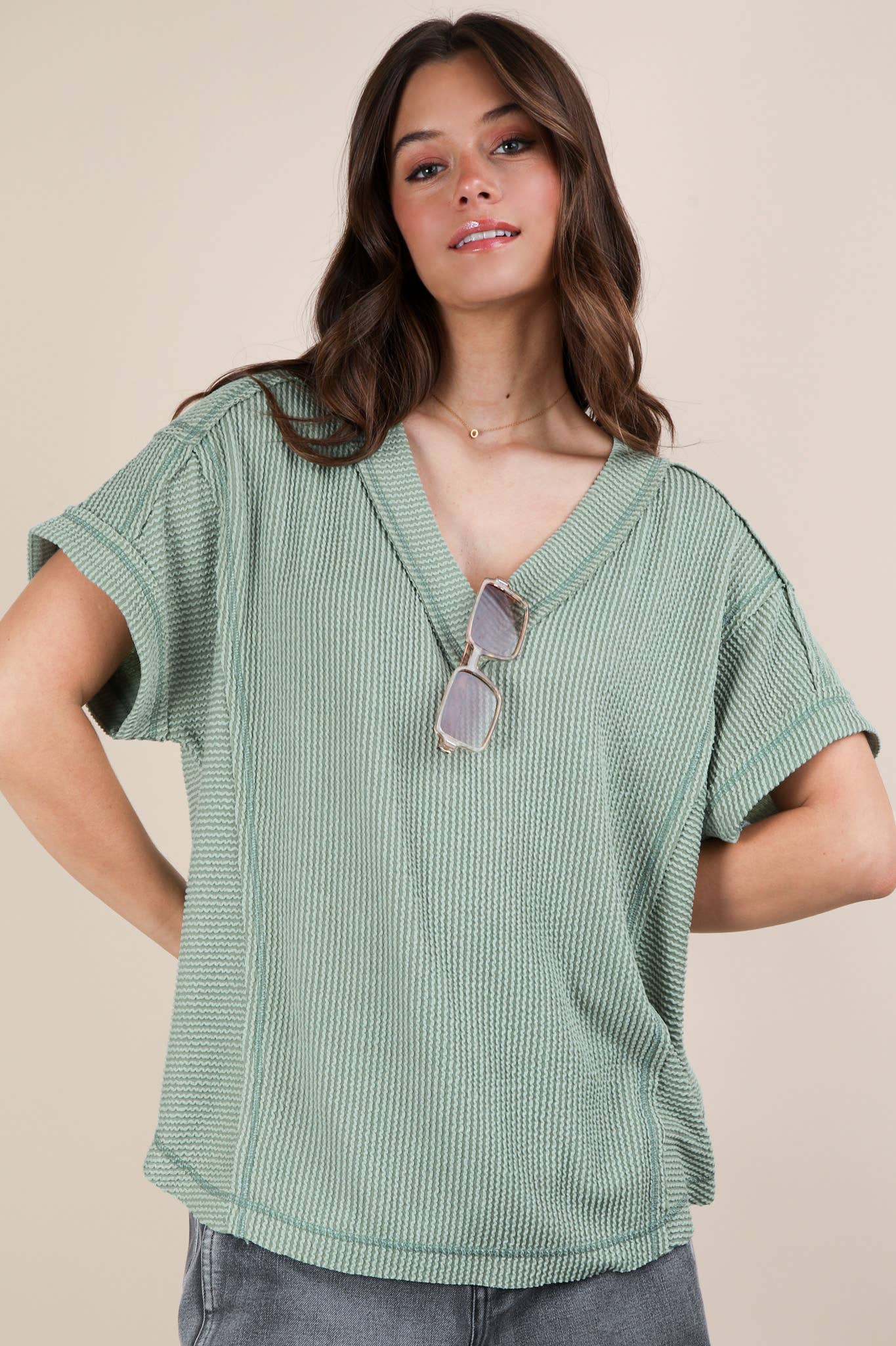Soft Two Tone Casual Comfy Ribbed Knit Top