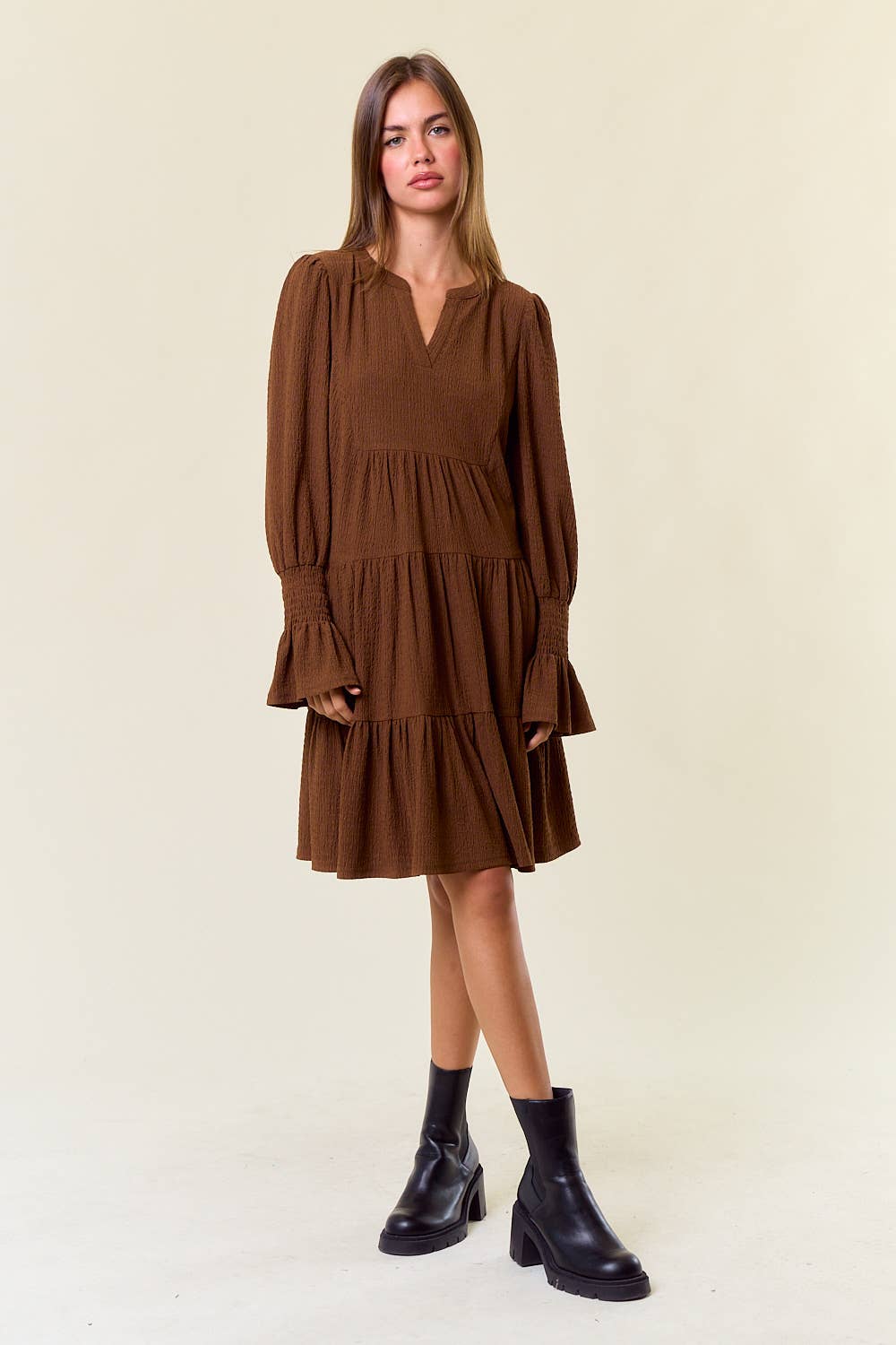 CUFF PUFF LONG SLEEVE TIERED MINI DRESS