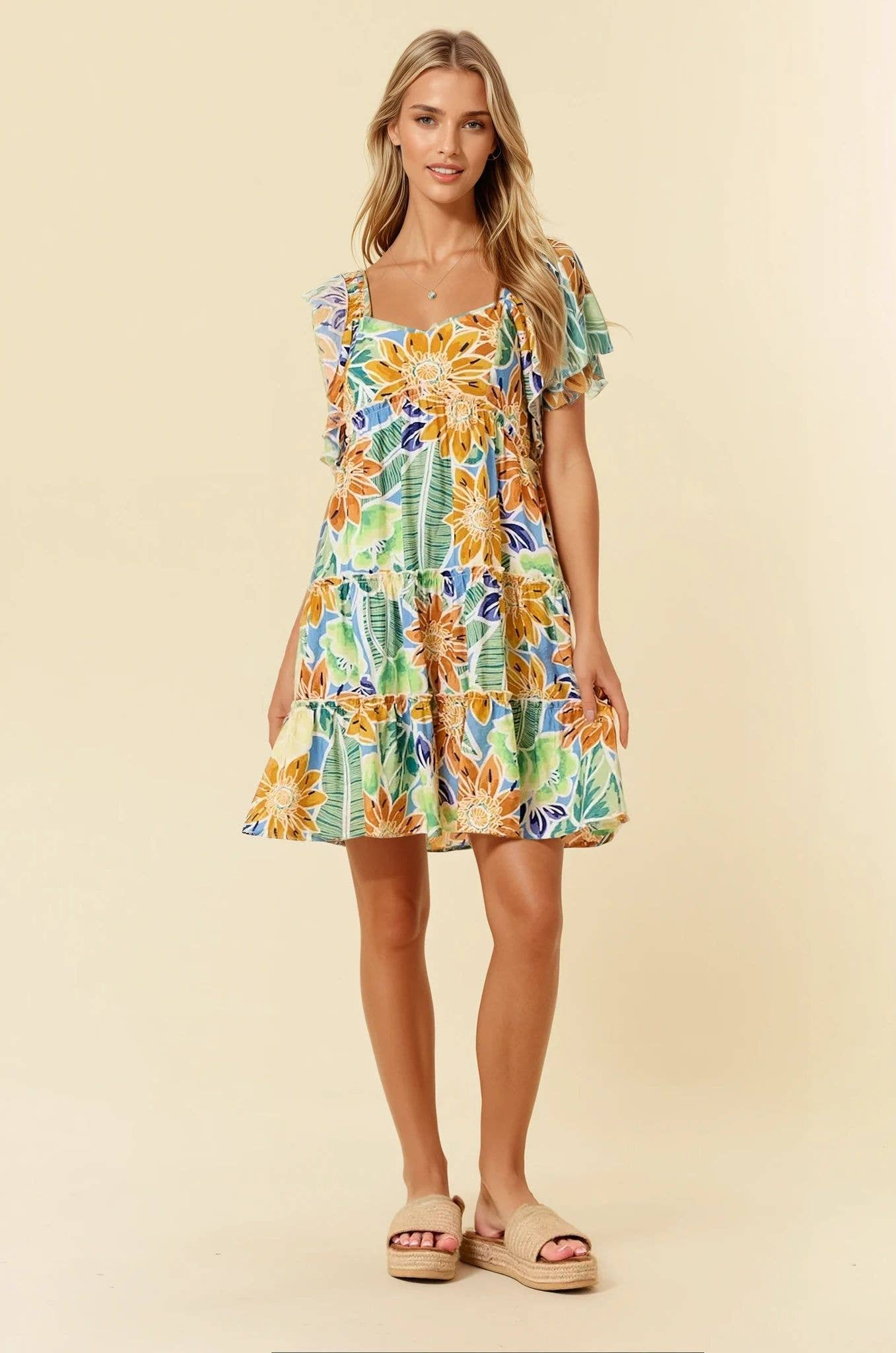 TROPICAL FLORAL PRINT DRESS WITH RUFFLE SLEEVE