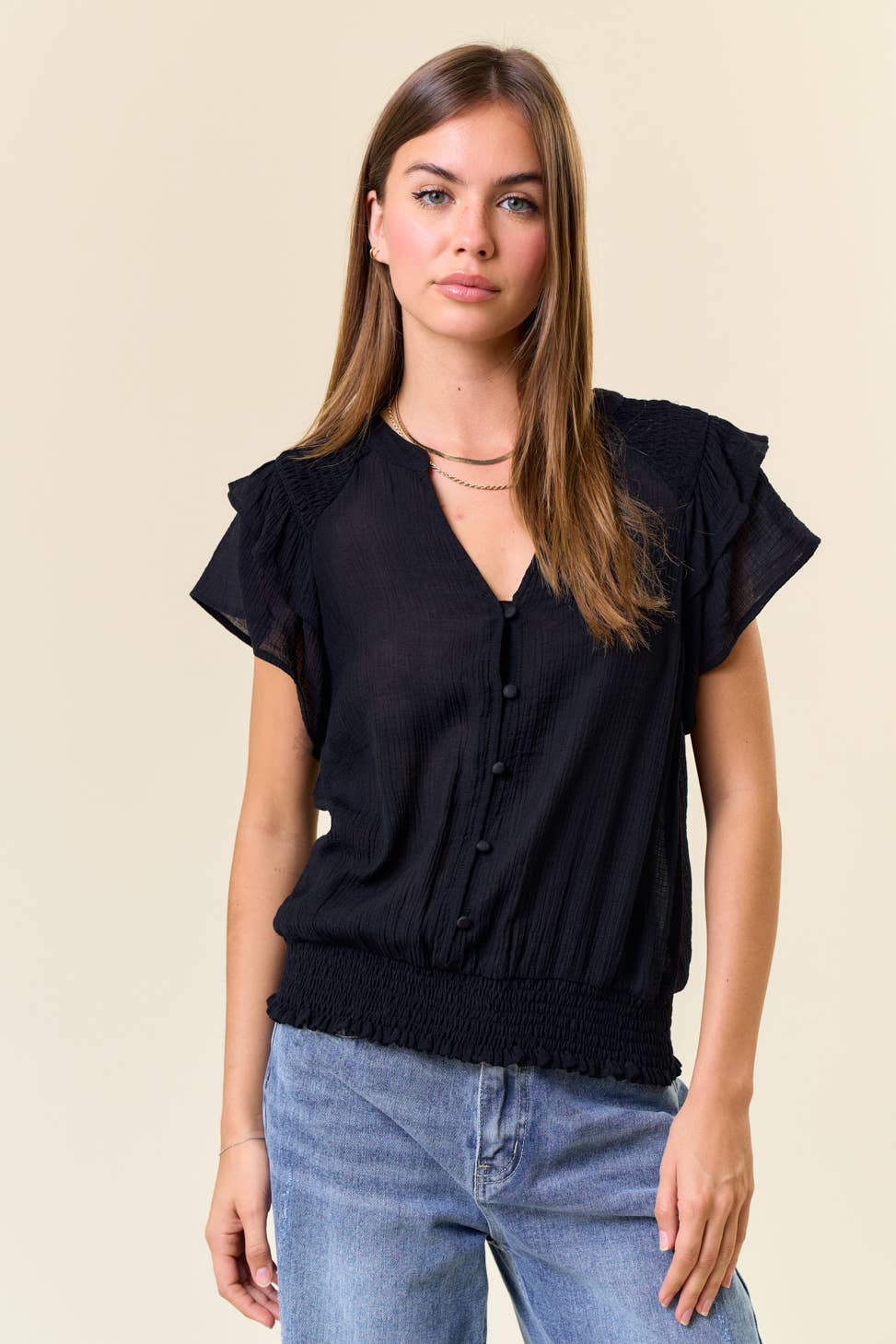 SMOCKED SHOULDER RUFFLE TOP