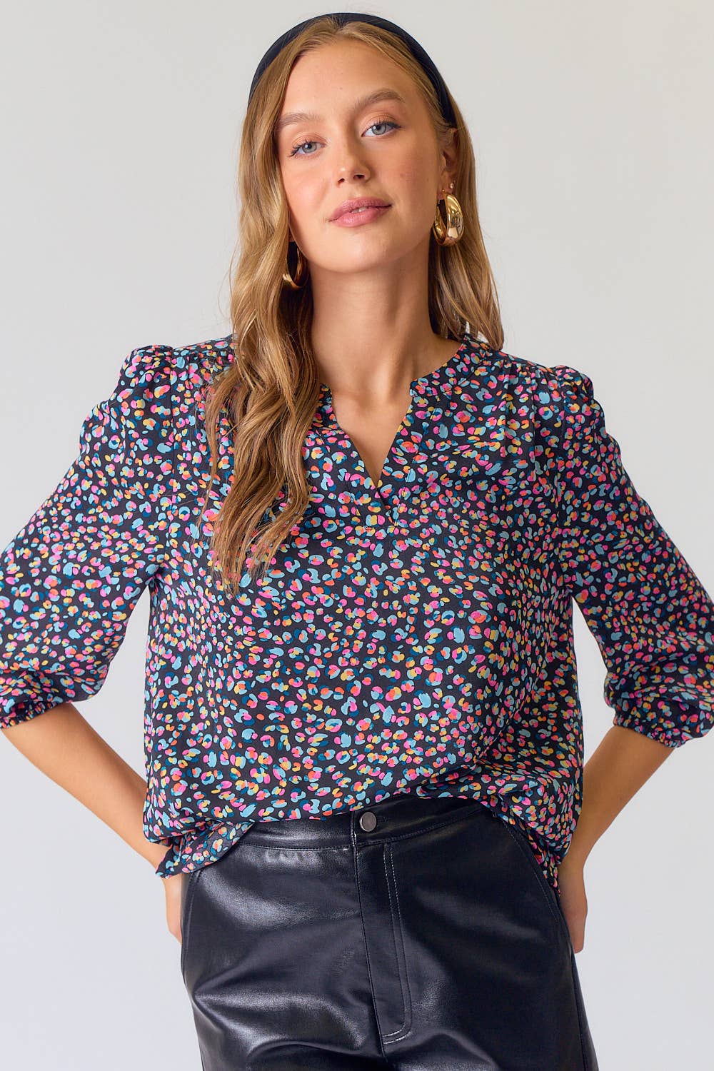 Split V-Neck Line Sleeve Abstract Printed Blouse