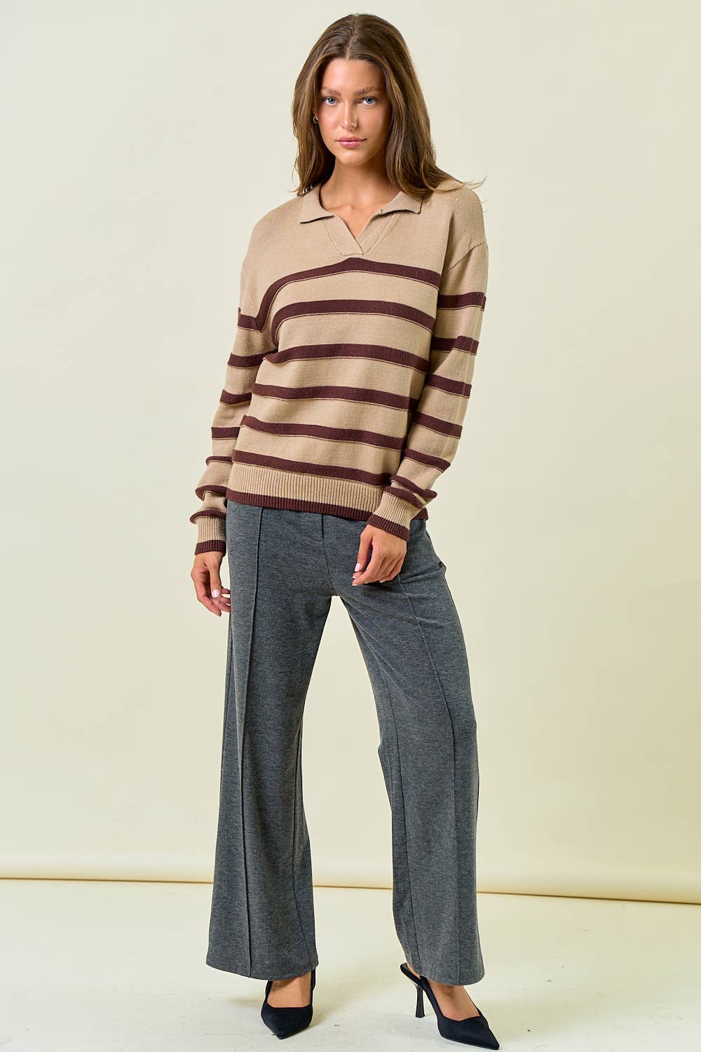 Split V-neck Polo Neckline Striped Sweater Top