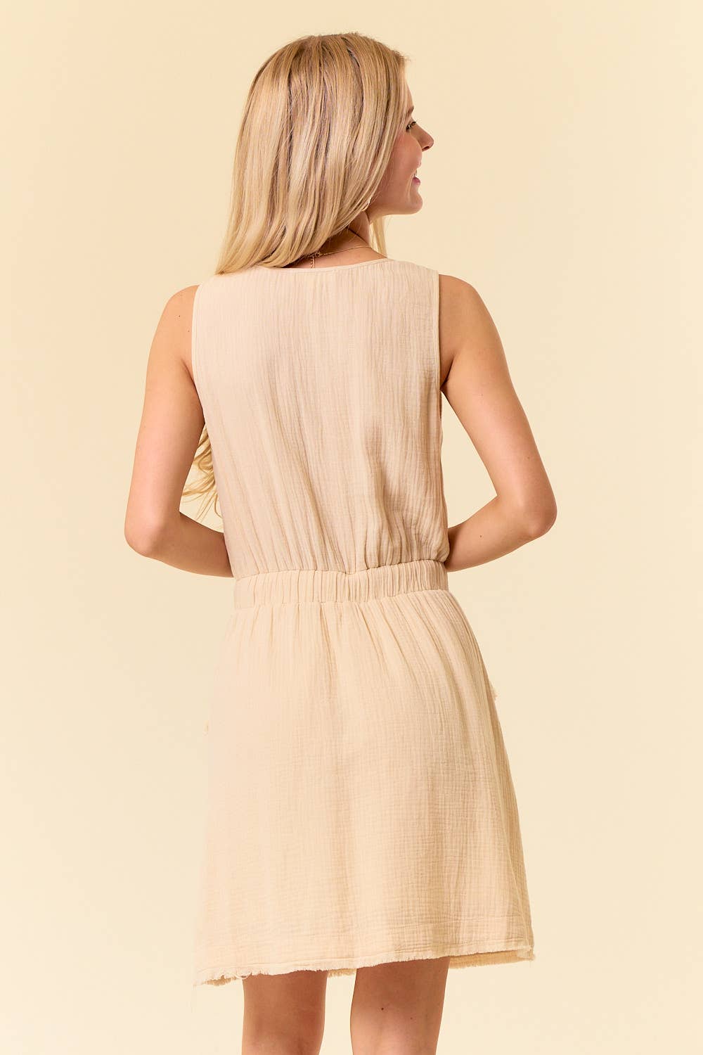 Scoop Neck Drawstring Waist Frayed Hem Mini Dress