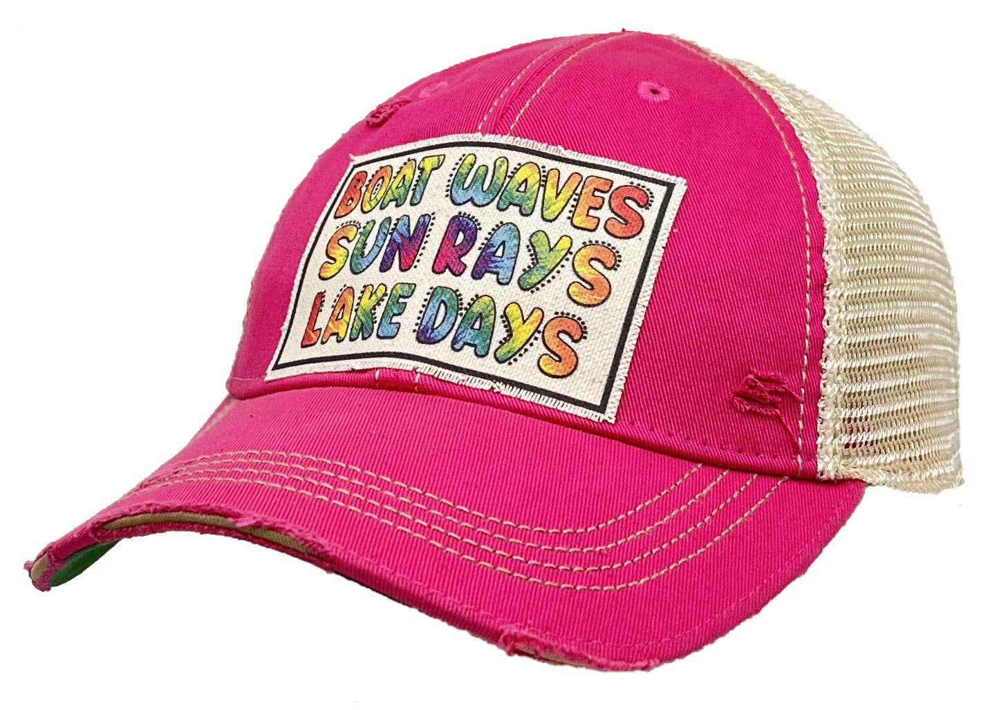 Boat Waves Sun Rays Lake Days Distressed Trucker Hat Cap