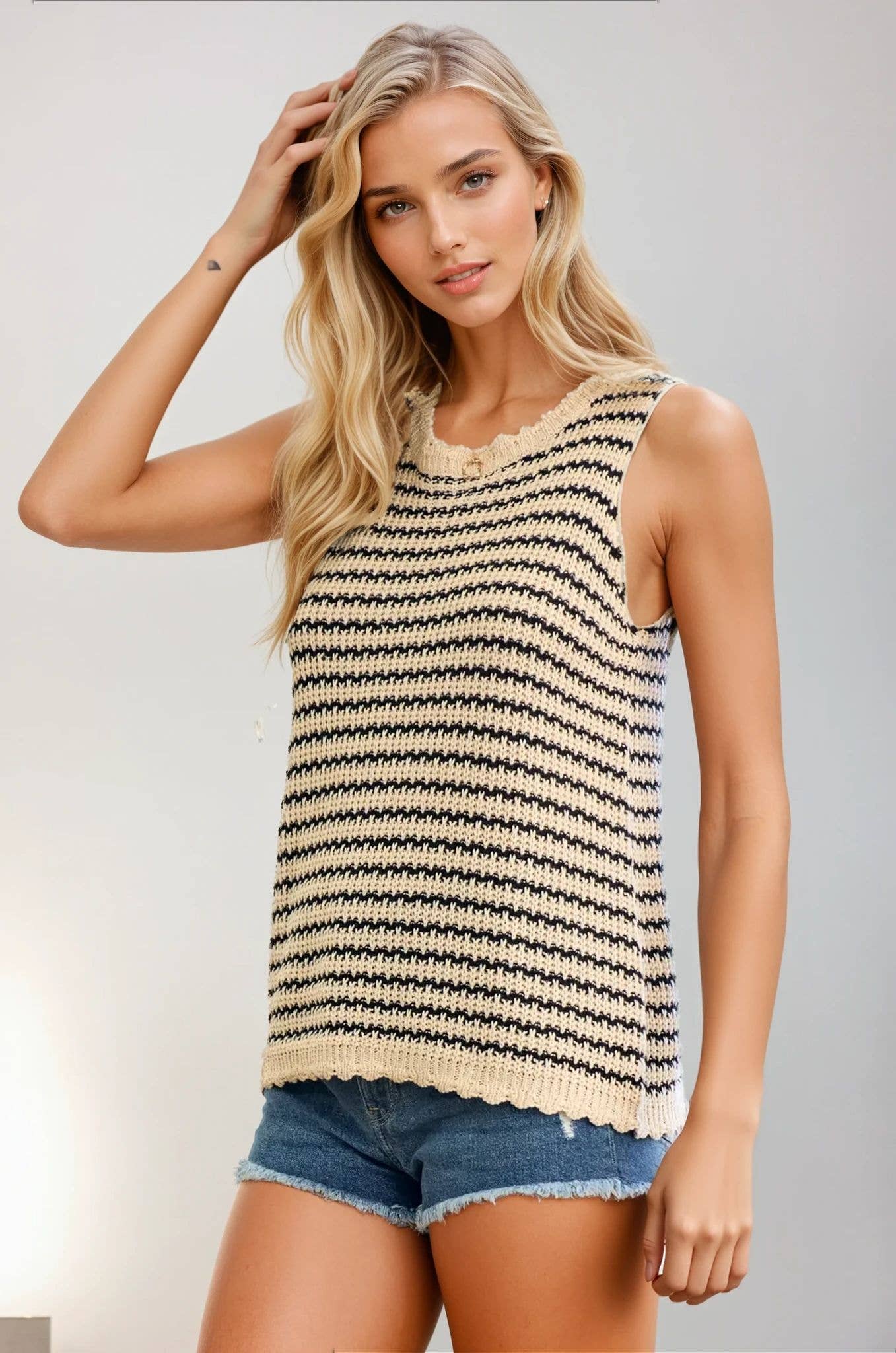 Striped Crochet Tank With Scalloped Edge