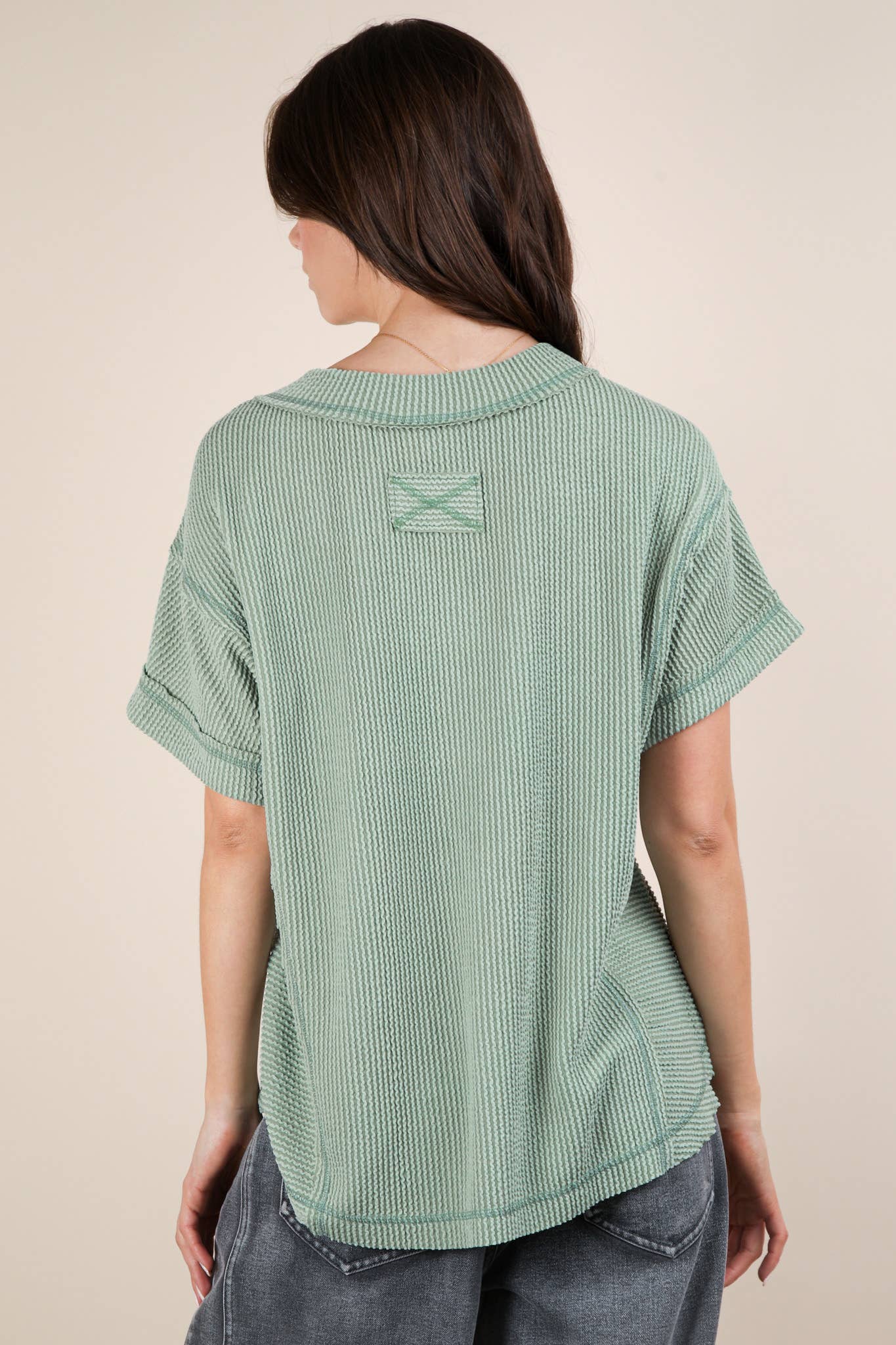 Soft Two Tone Casual Comfy Ribbed Knit Top