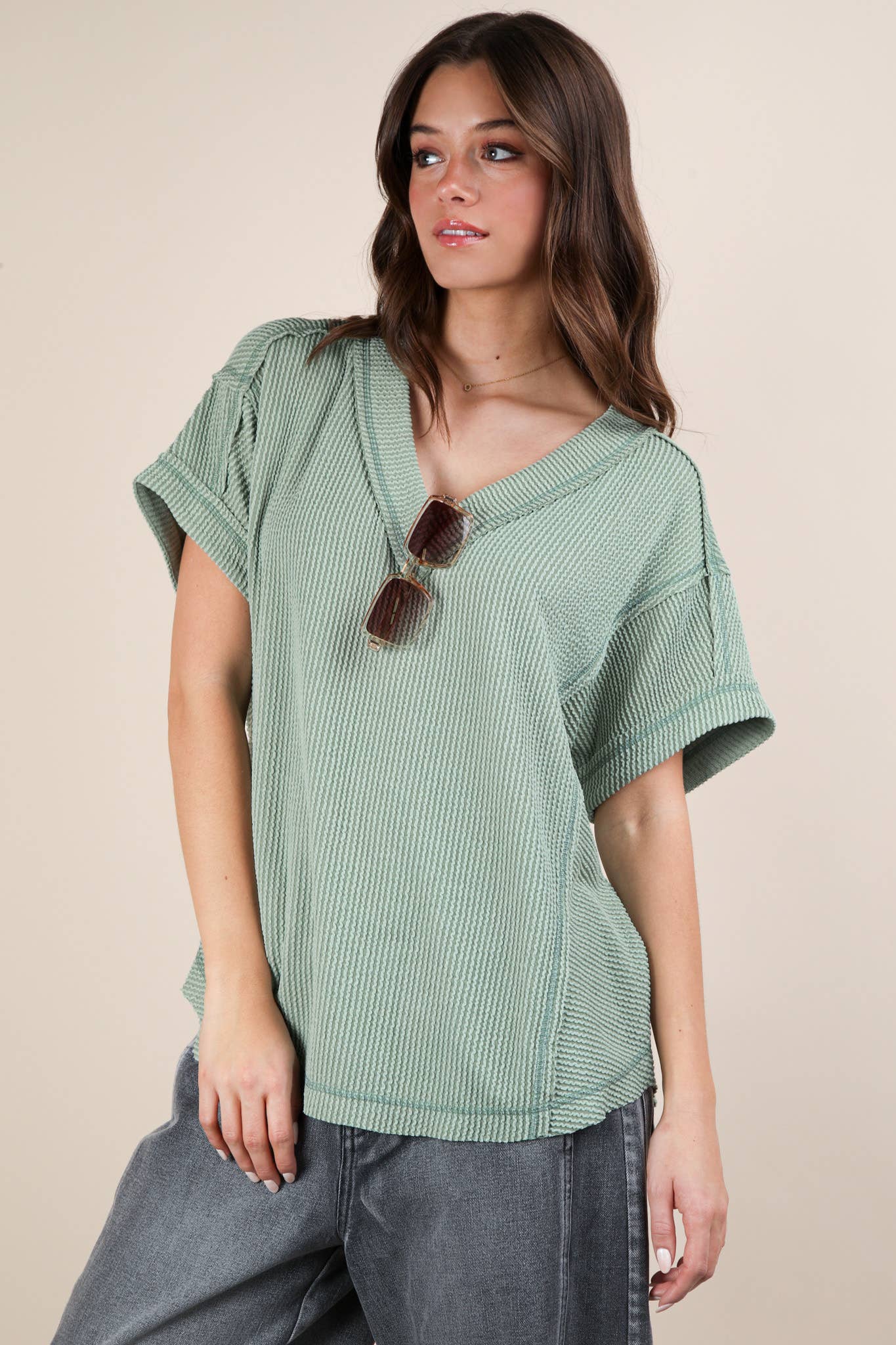Soft Two Tone Casual Comfy Ribbed Knit Top