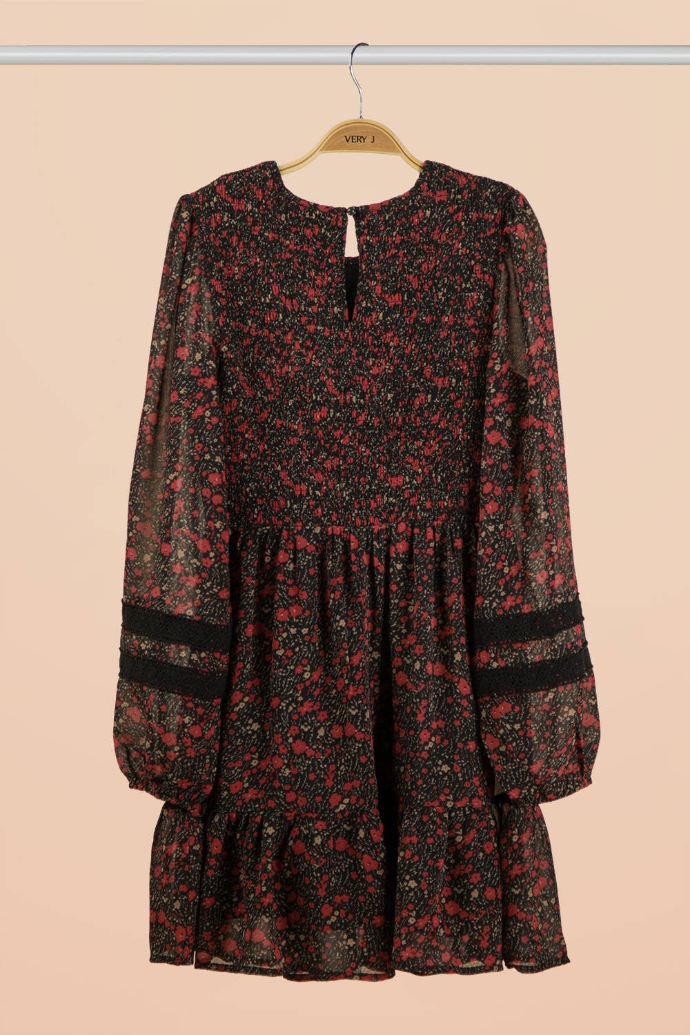 PLUS SIZE Lace Trim Smocking Printed Mini Dress