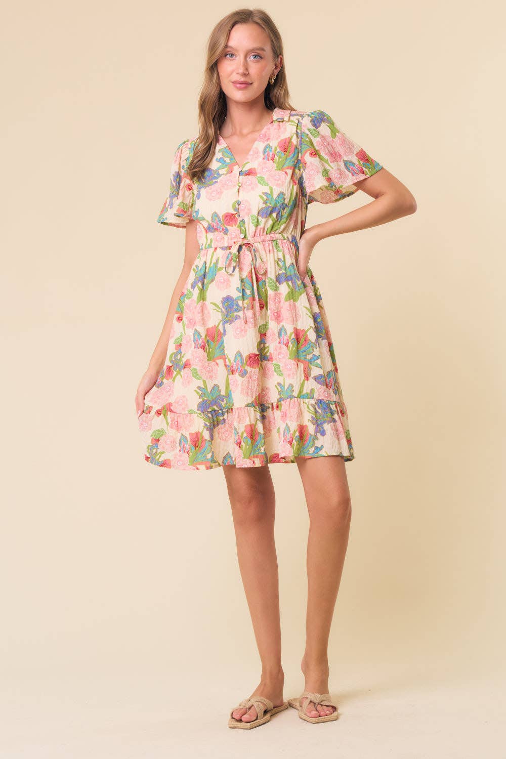 V-NECK FLUTTER SHORT SLEEVE MINI DRESS