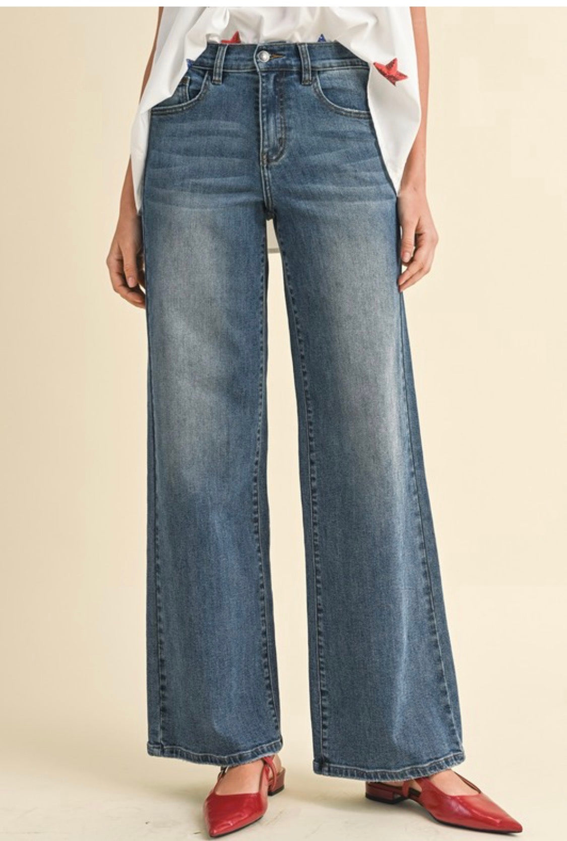 STRETCH HIGH RISE TUMMY CONTROL WIDE LEG DENIM JEANS