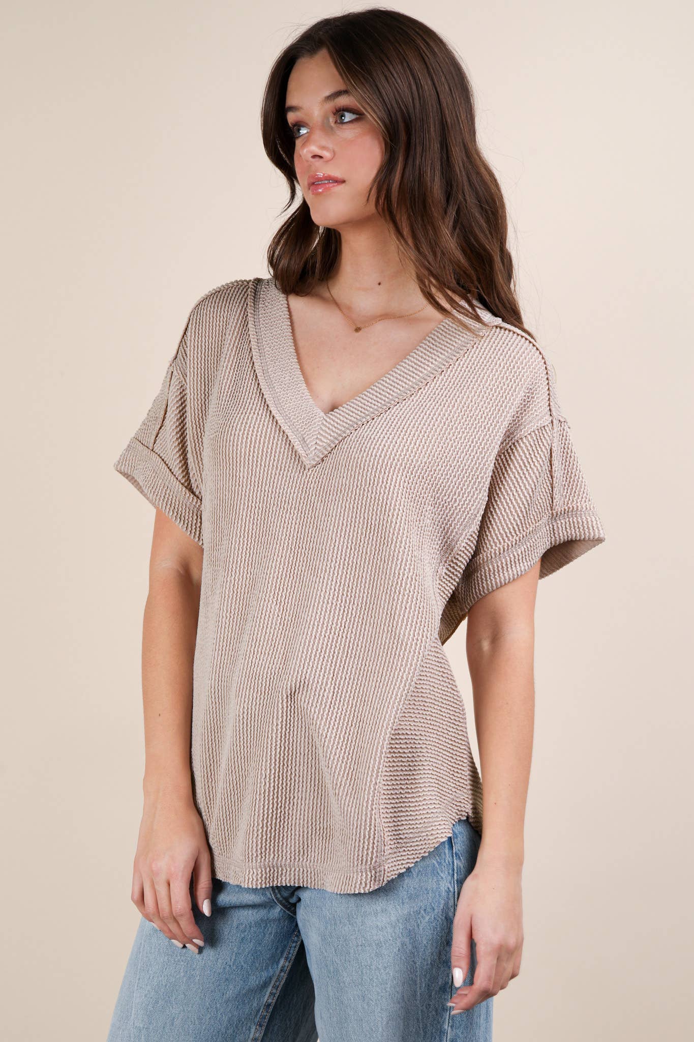 Soft Two Tone Casual Comfy Ribbed Knit Top