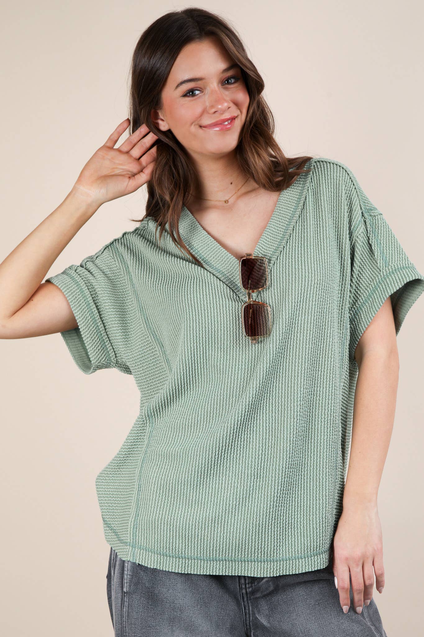 Soft Two Tone Casual Comfy Ribbed Knit Top