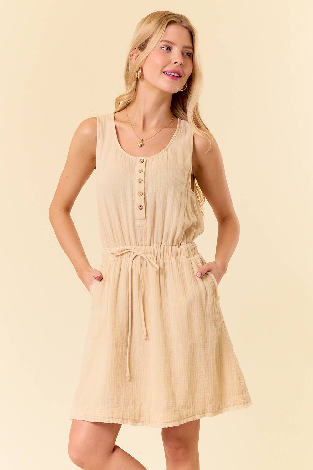 Scoop Neck Drawstring Waist Frayed Hem Mini Dress