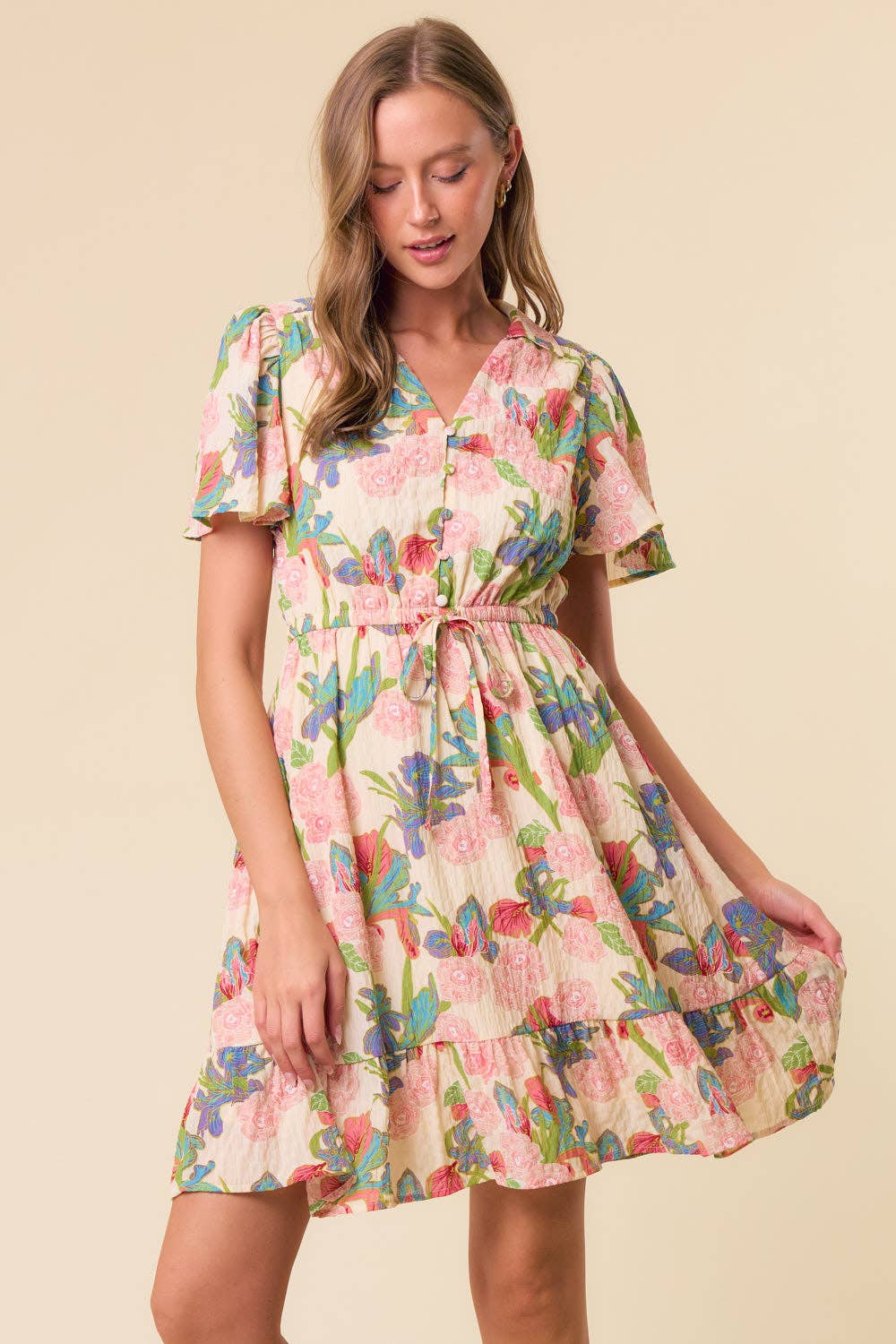 V-NECK FLUTTER SHORT SLEEVE MINI DRESS