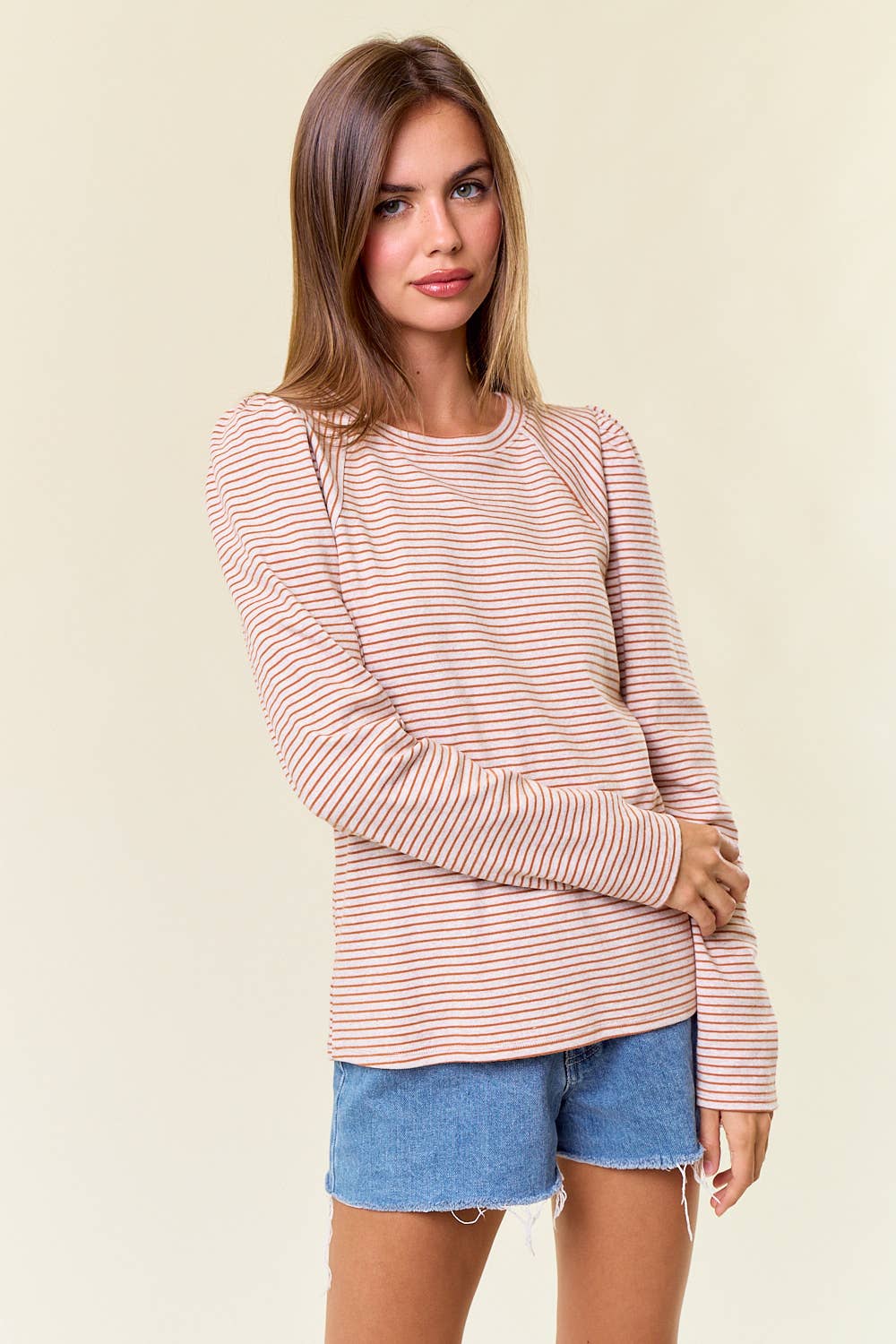 Light Weight Striped Jersey Puff Long Sleeve Top