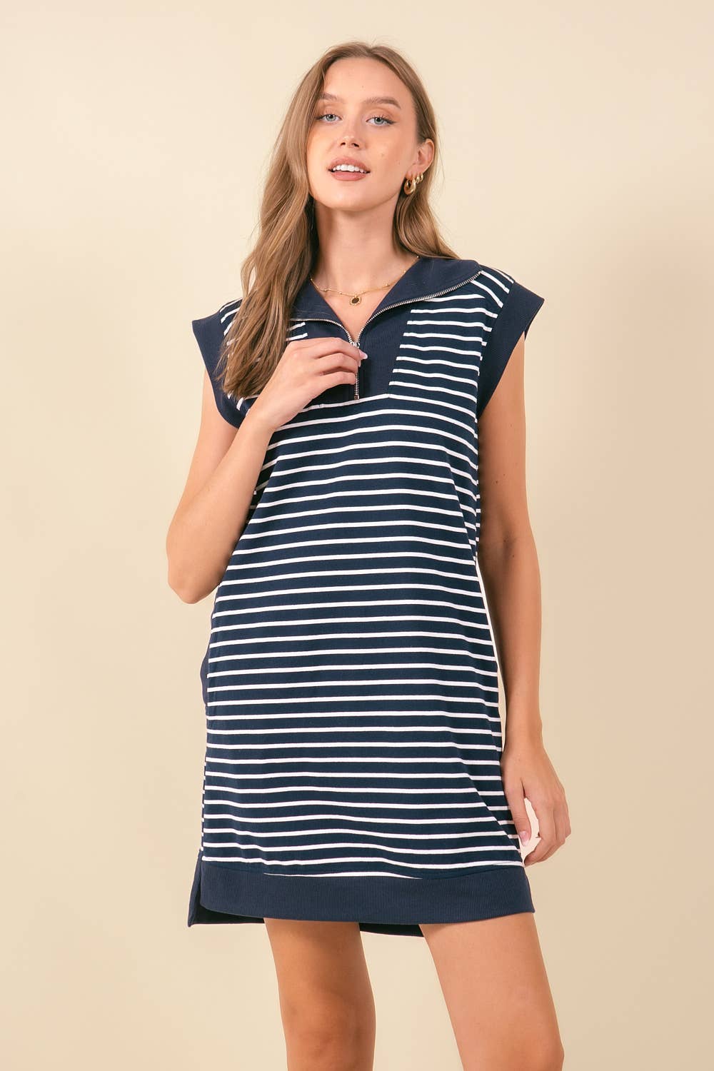 STRIPED FRENCH MINI DRESS W/ SIDE POCKETS - 27871D