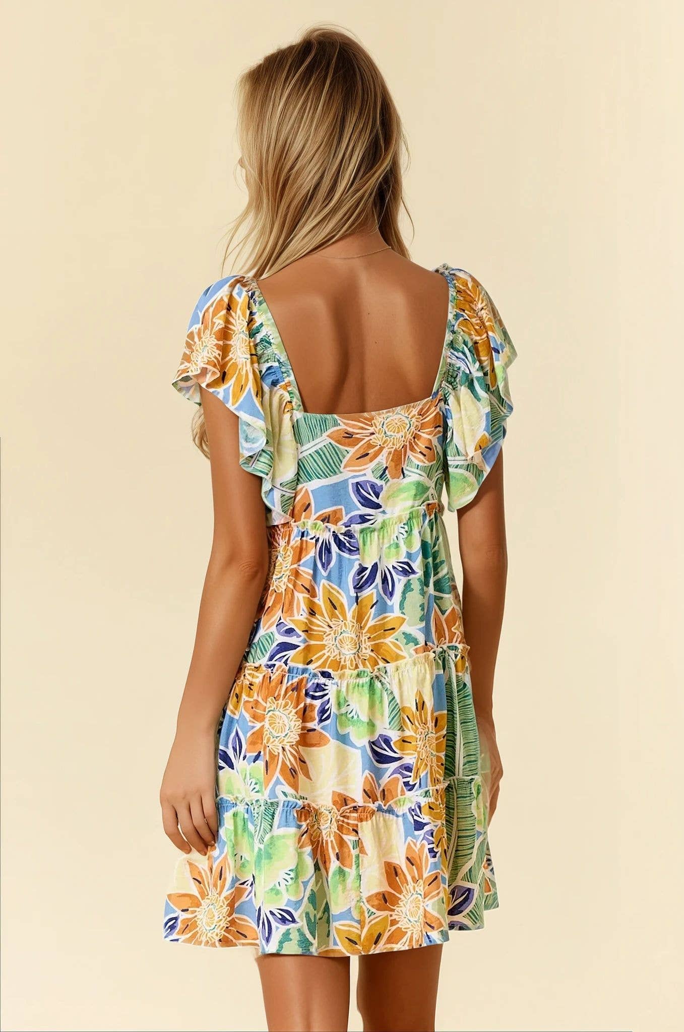TROPICAL FLORAL PRINT DRESS WITH RUFFLE SLEEVE