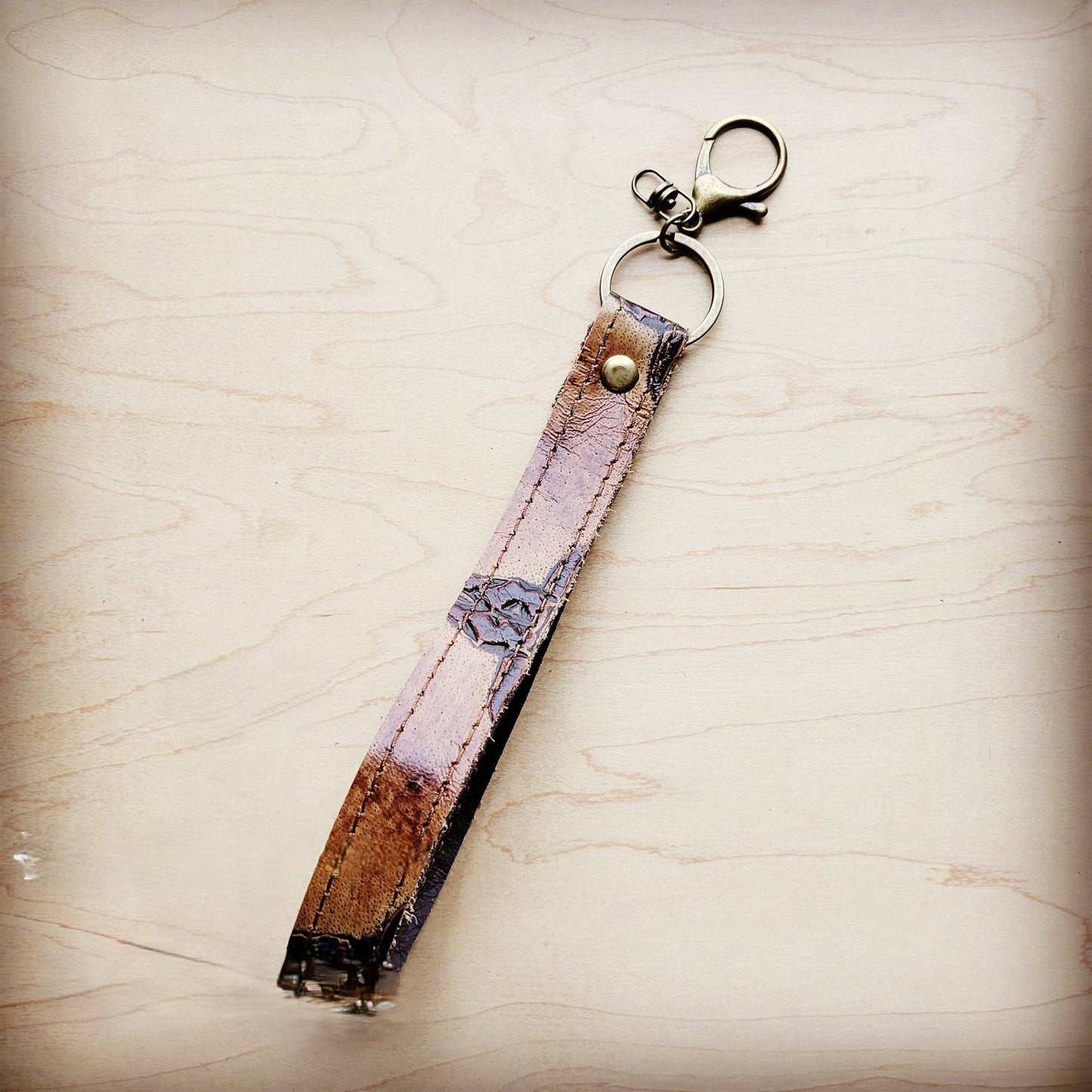 Embossed Leather Key Chain Strap Tan Steer
