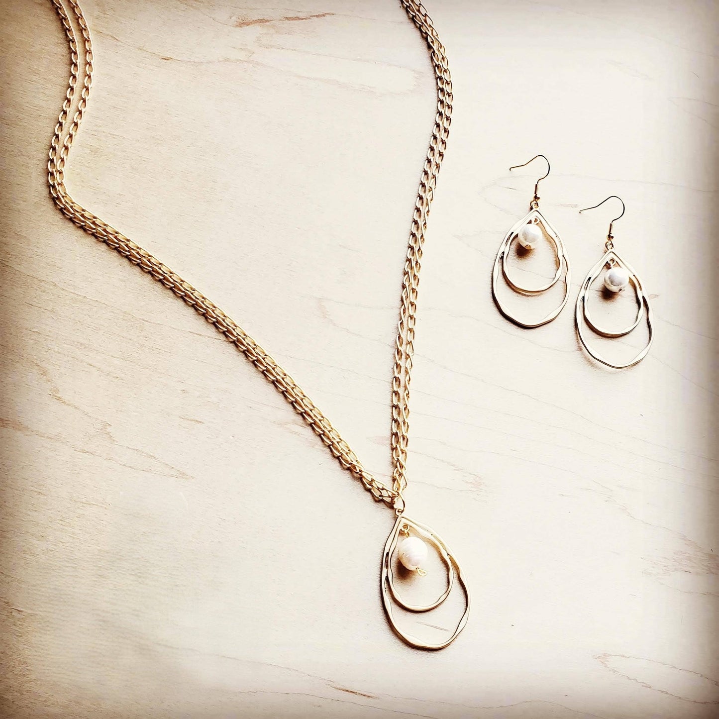 Matte Gold Double Hoop Earrings with Pearl Dangle