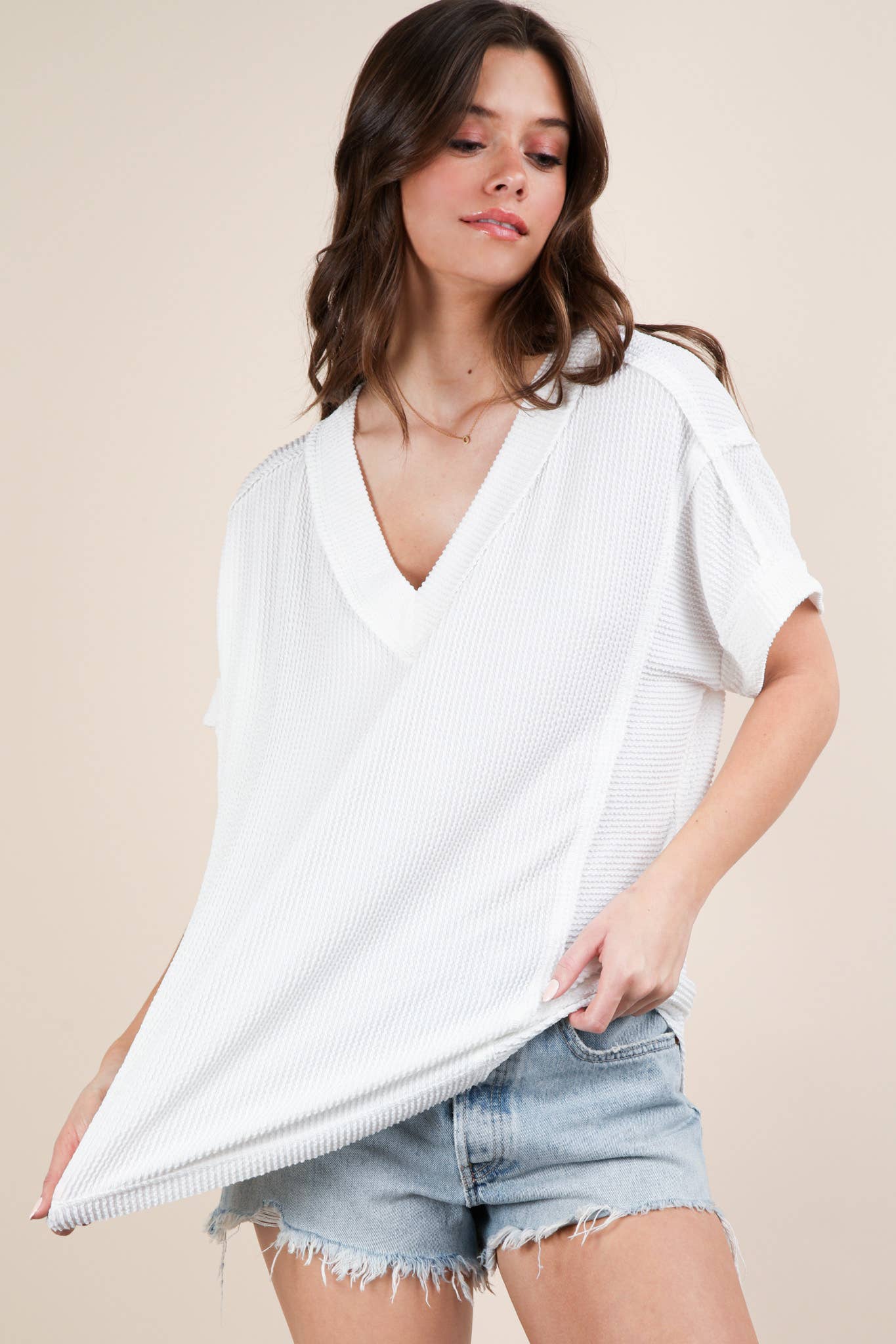 Soft Two Tone Casual Comfy Ribbed Knit Top