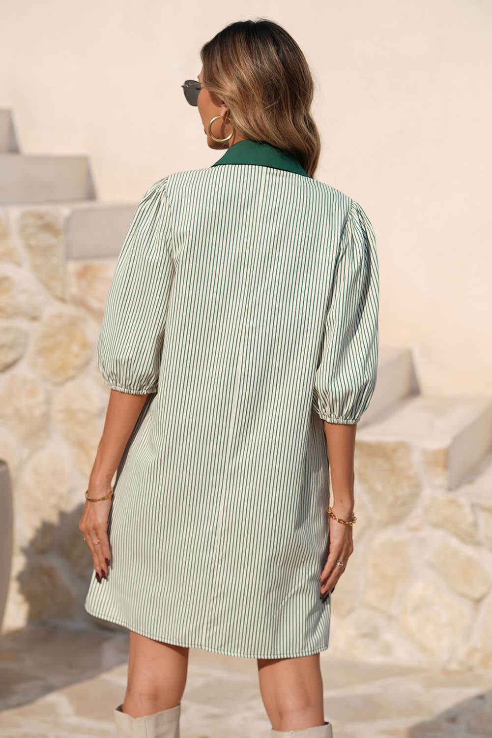 Patch Pockets Button Down Short Puff Sleeve Dress