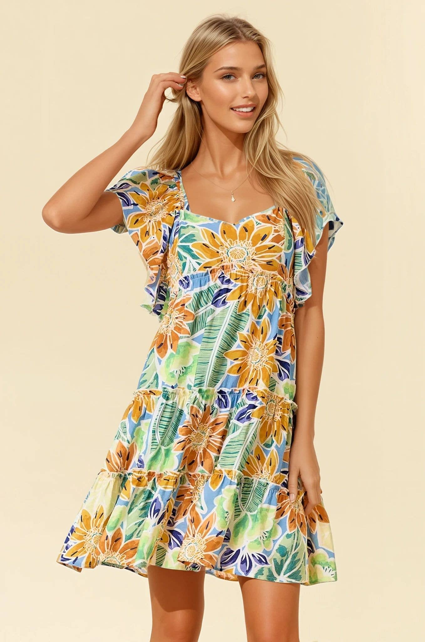 TROPICAL FLORAL PRINT DRESS WITH RUFFLE SLEEVE
