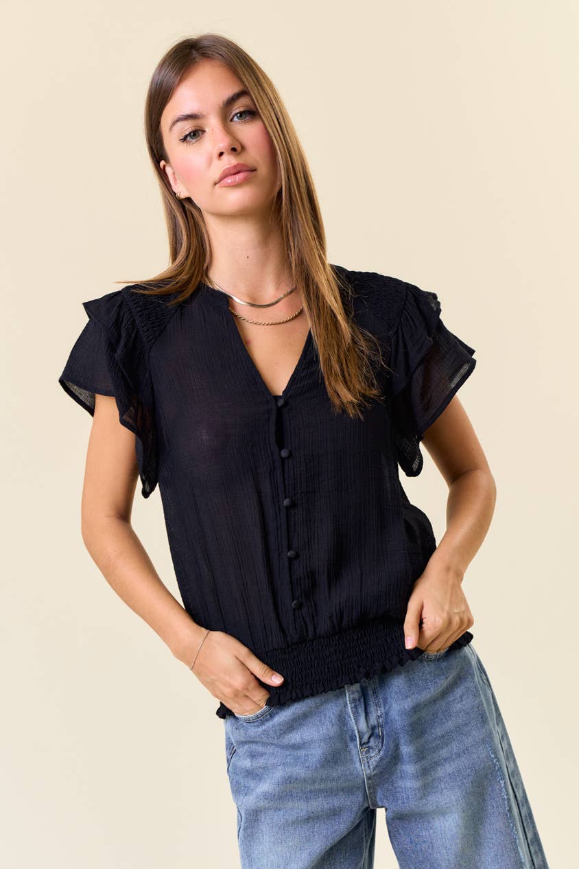 SMOCKED SHOULDER RUFFLE TOP