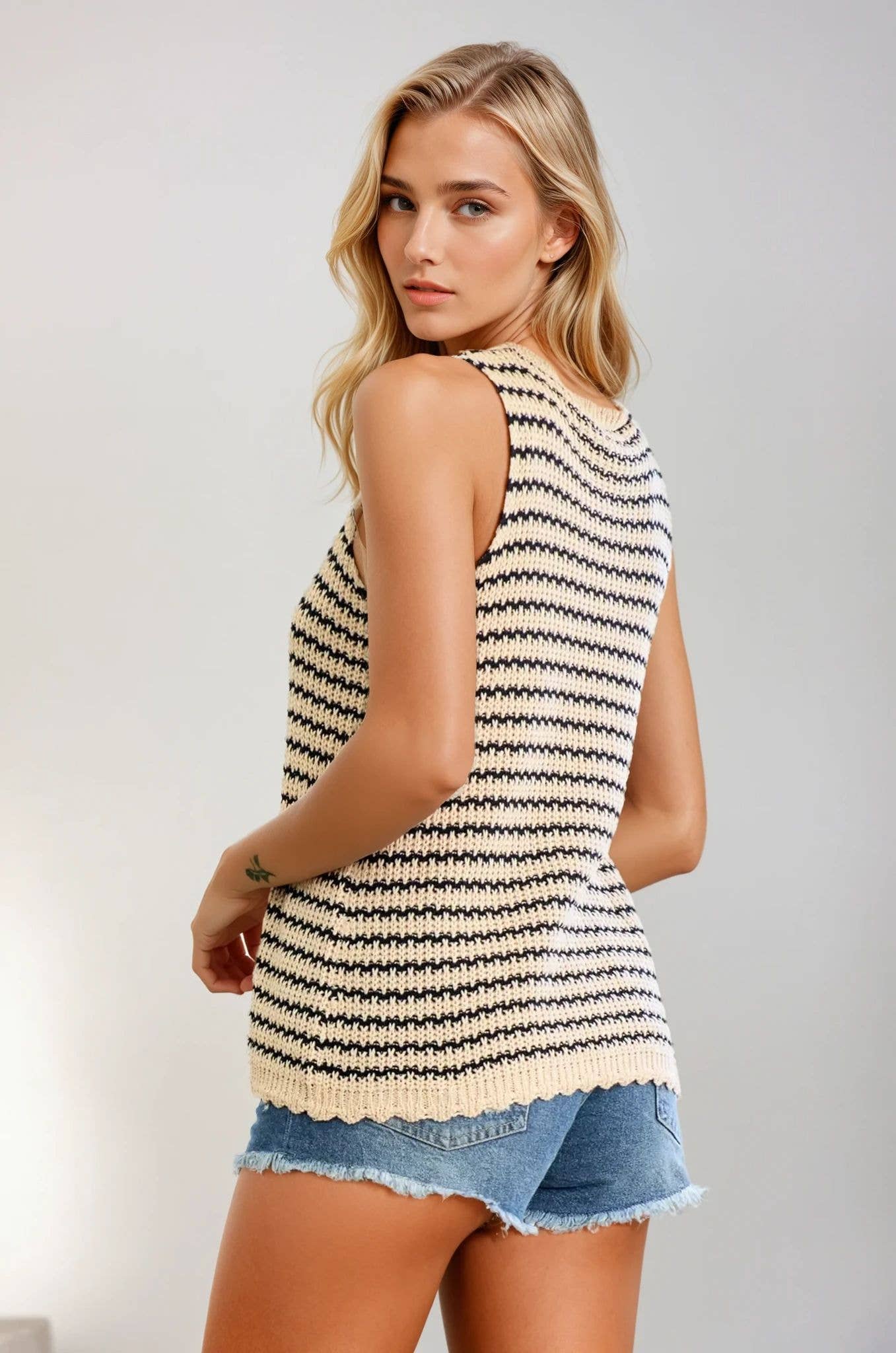 Striped Crochet Tank With Scalloped Edge