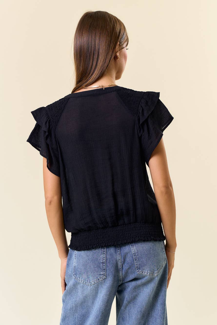 SMOCKED SHOULDER RUFFLE TOP