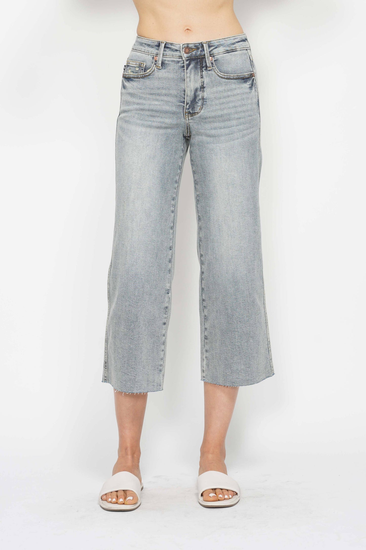 Mid-Rise Tummy Control Raw Hem Crop Wide Judy Blue