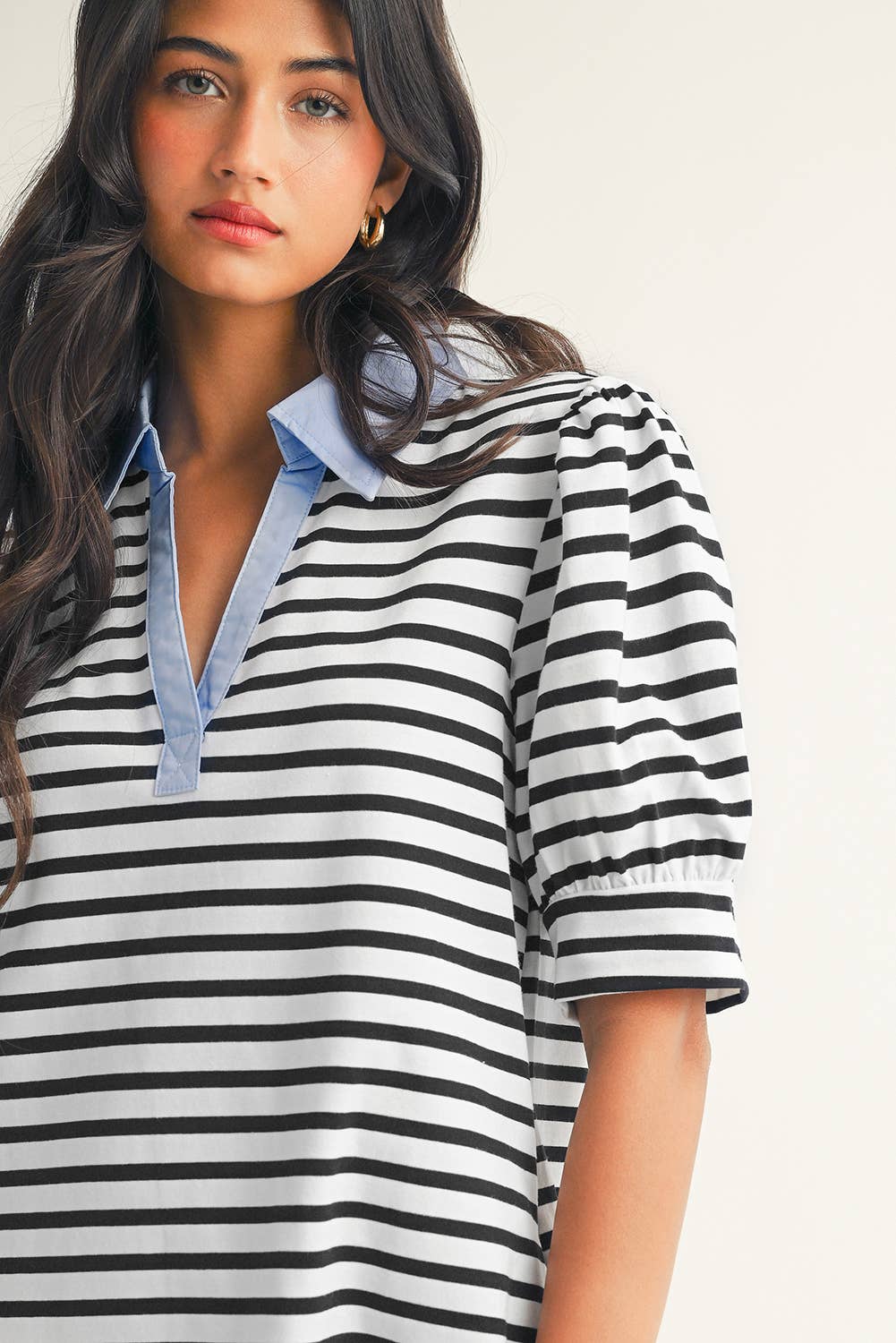 Stripe Contrast V Neck Collared T Shirt Mini Dress