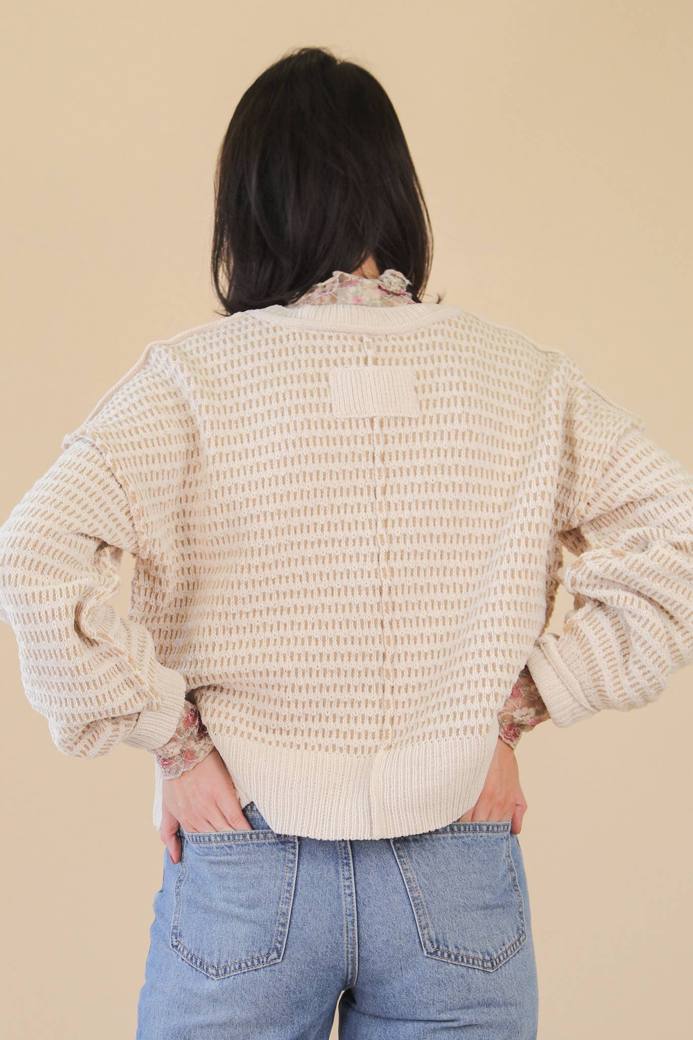 Two Tone Textured Knit Casual Sweater Top