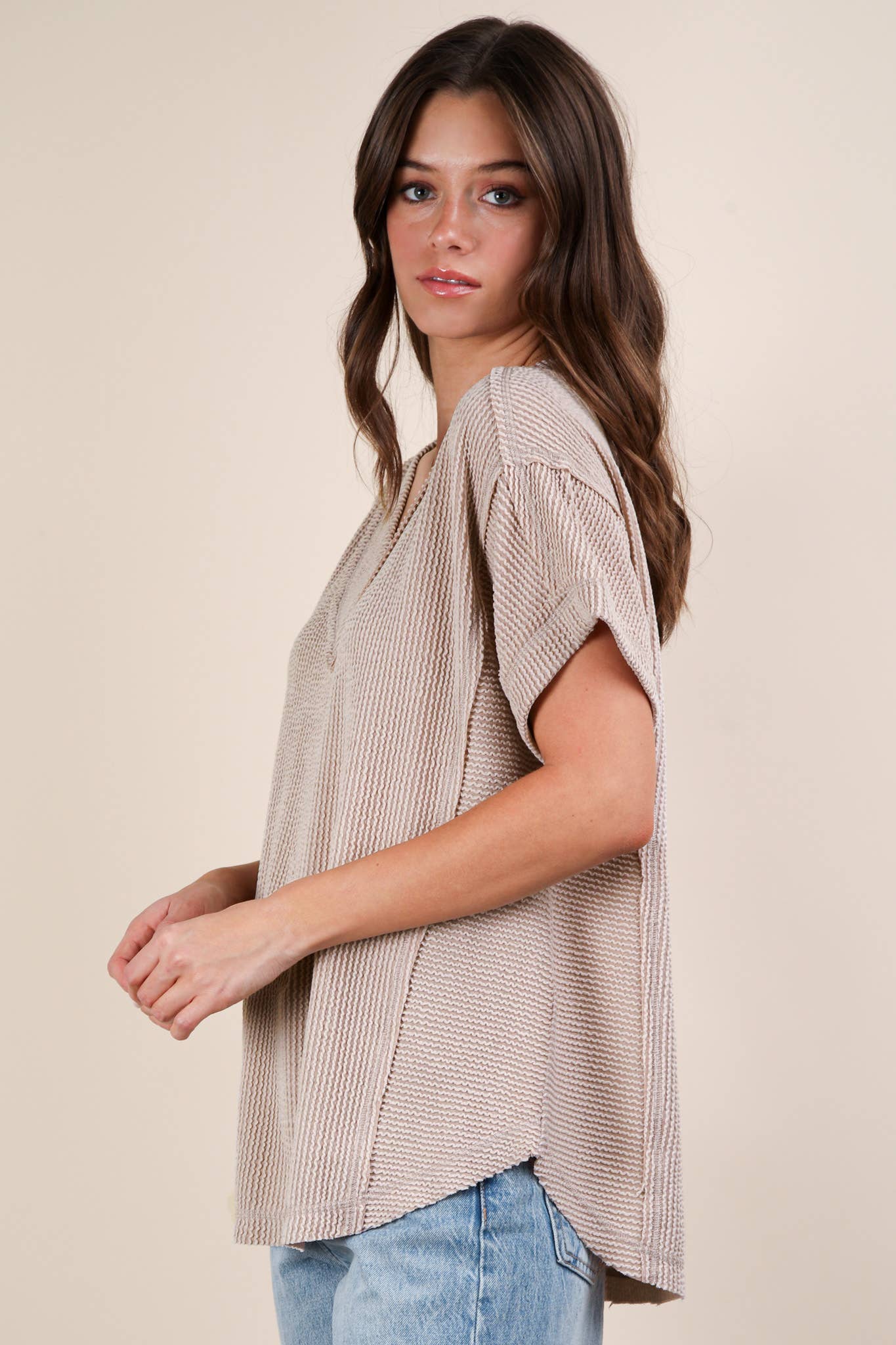 Soft Two Tone Casual Comfy Ribbed Knit Top